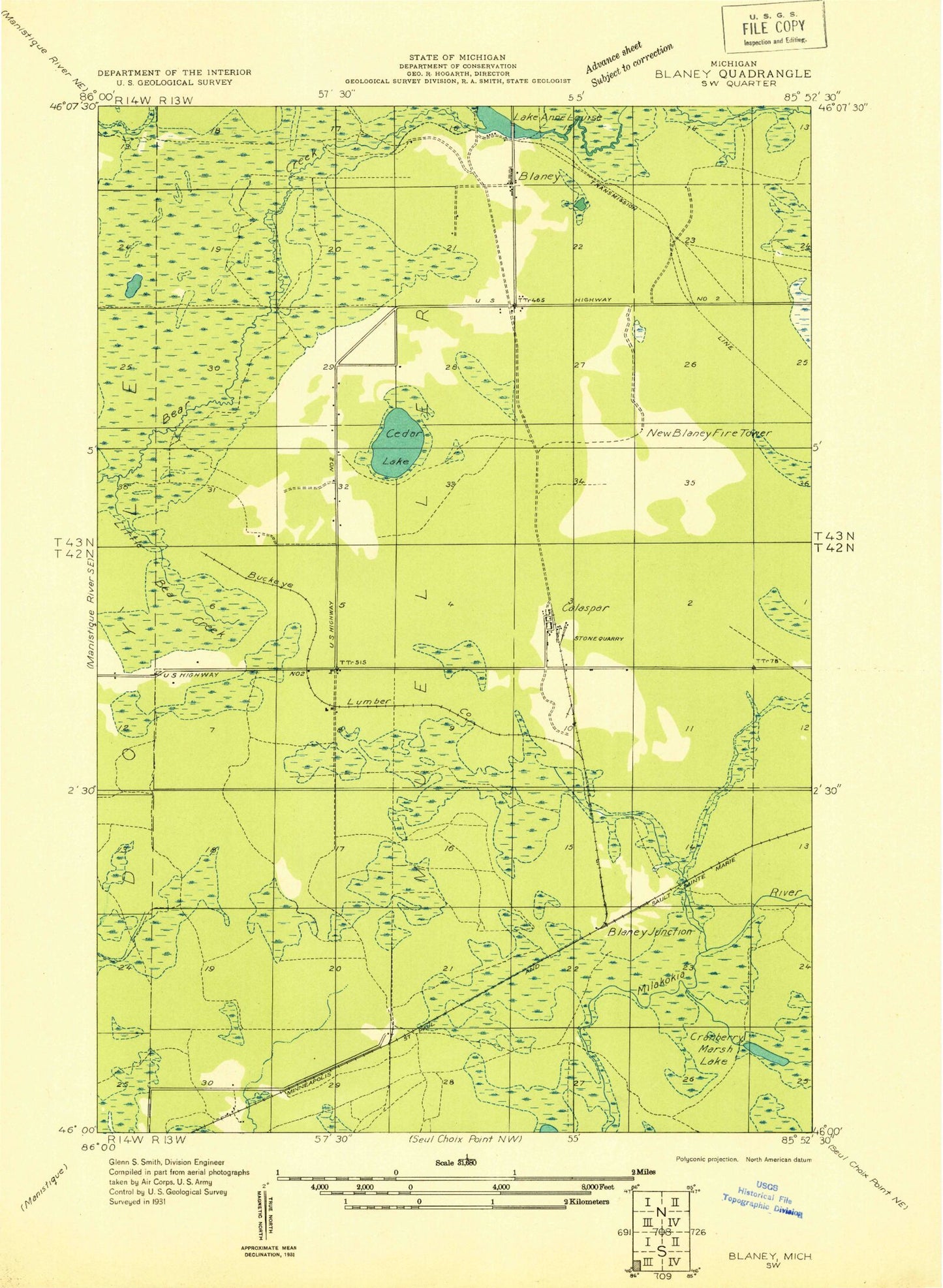Classic USGS Blaney Park Michigan 7.5'x7.5' Topo Map Image