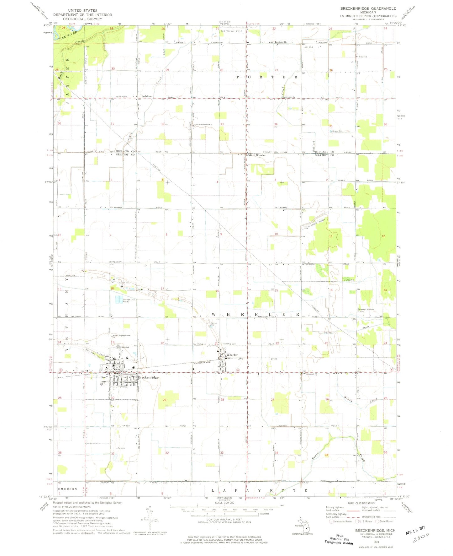 Classic USGS Breckenridge Michigan 7.5'x7.5' Topo Map Image