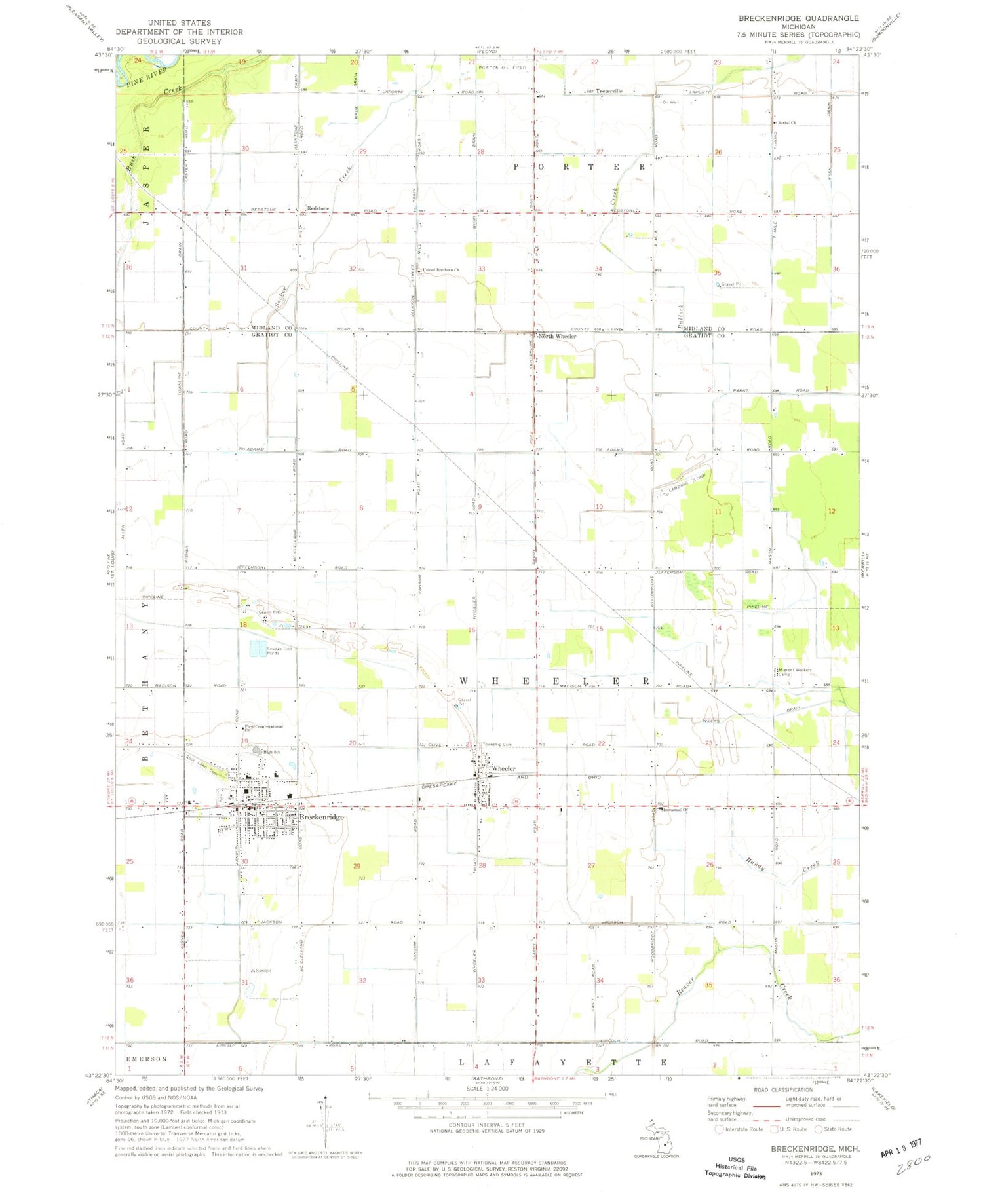 Classic USGS Breckenridge Michigan 7.5'x7.5' Topo Map Image