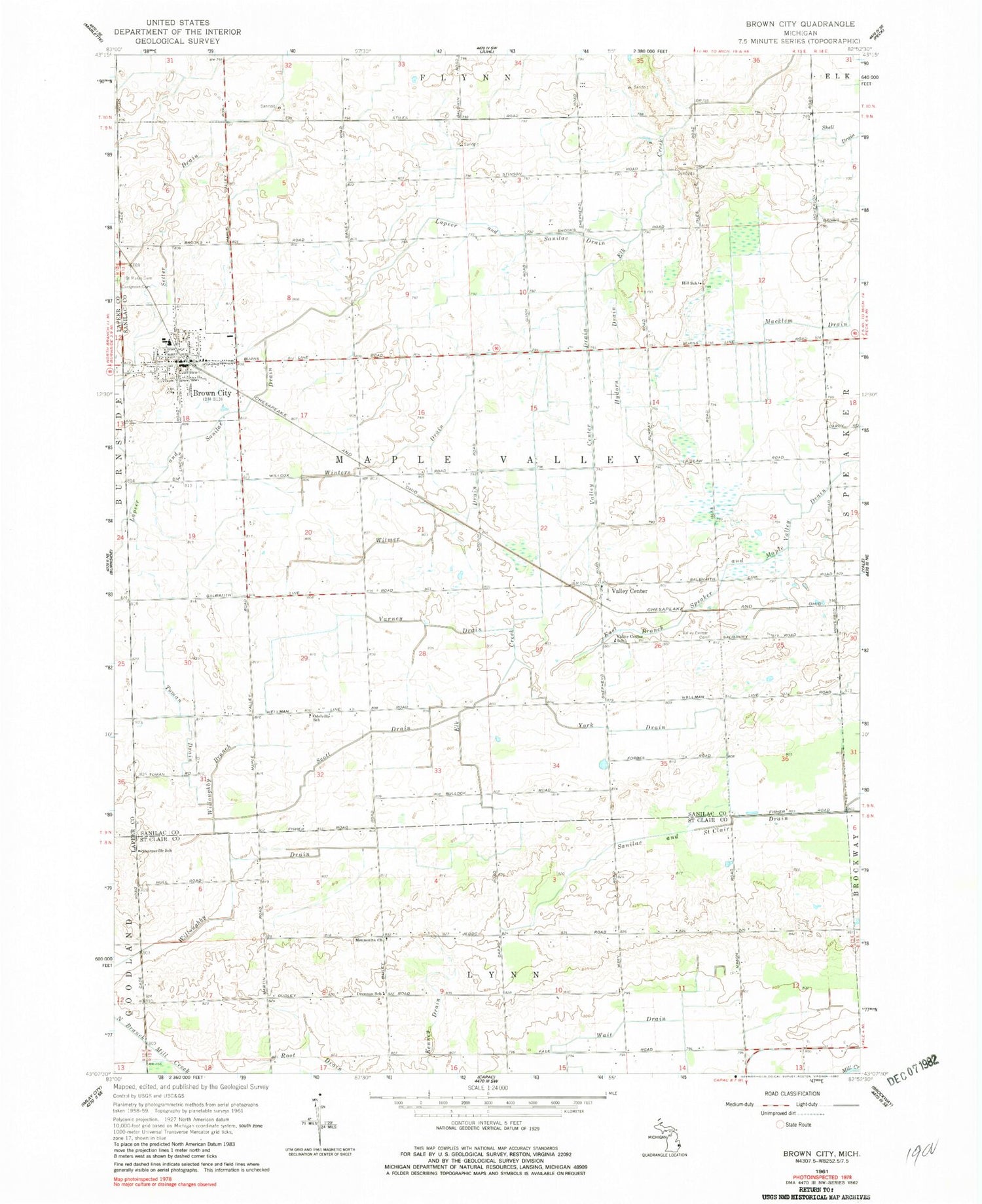 Classic USGS Brown City Michigan 7.5'x7.5' Topo Map Image