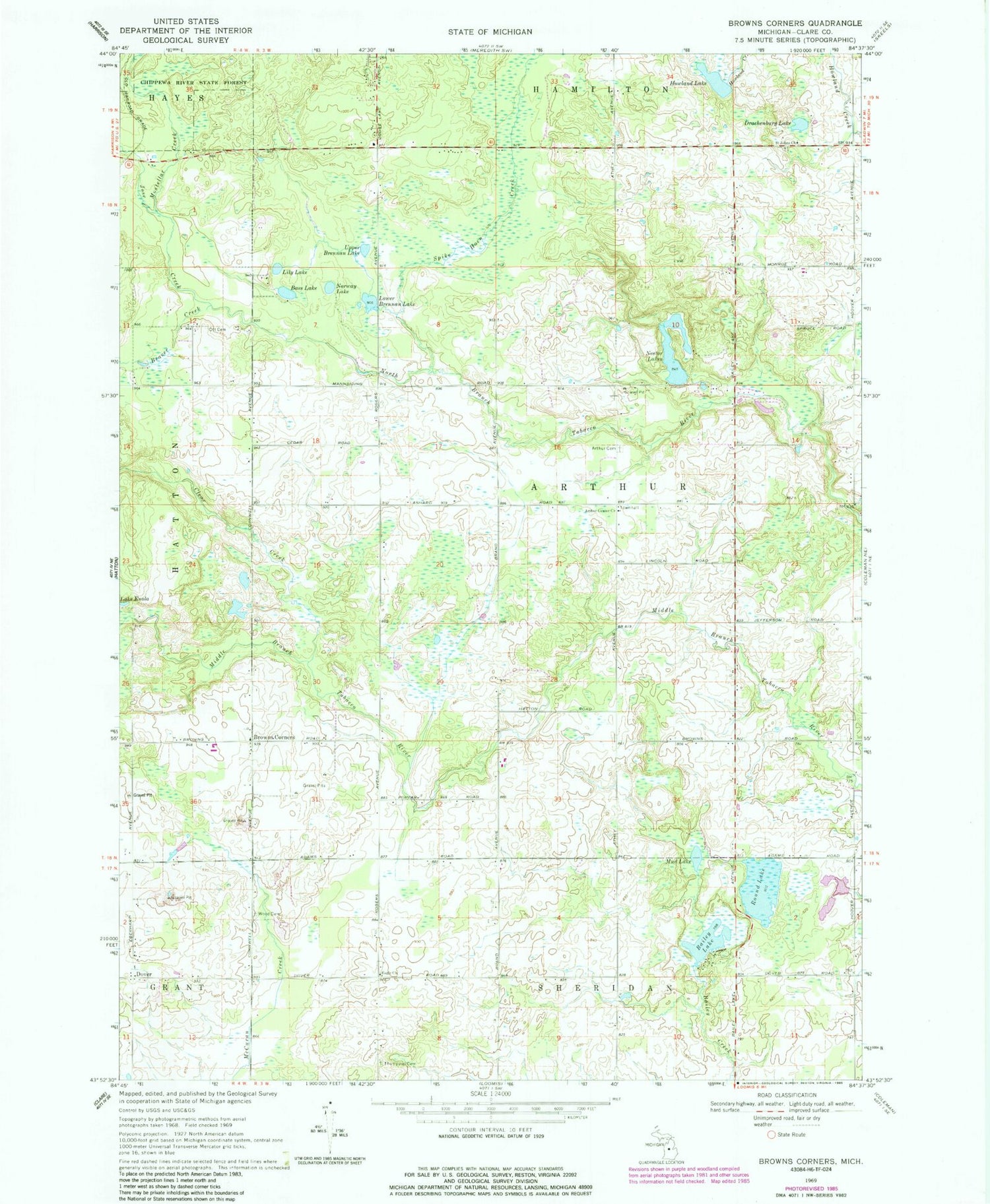 Classic USGS Browns Corners Michigan 7.5'x7.5' Topo Map Image
