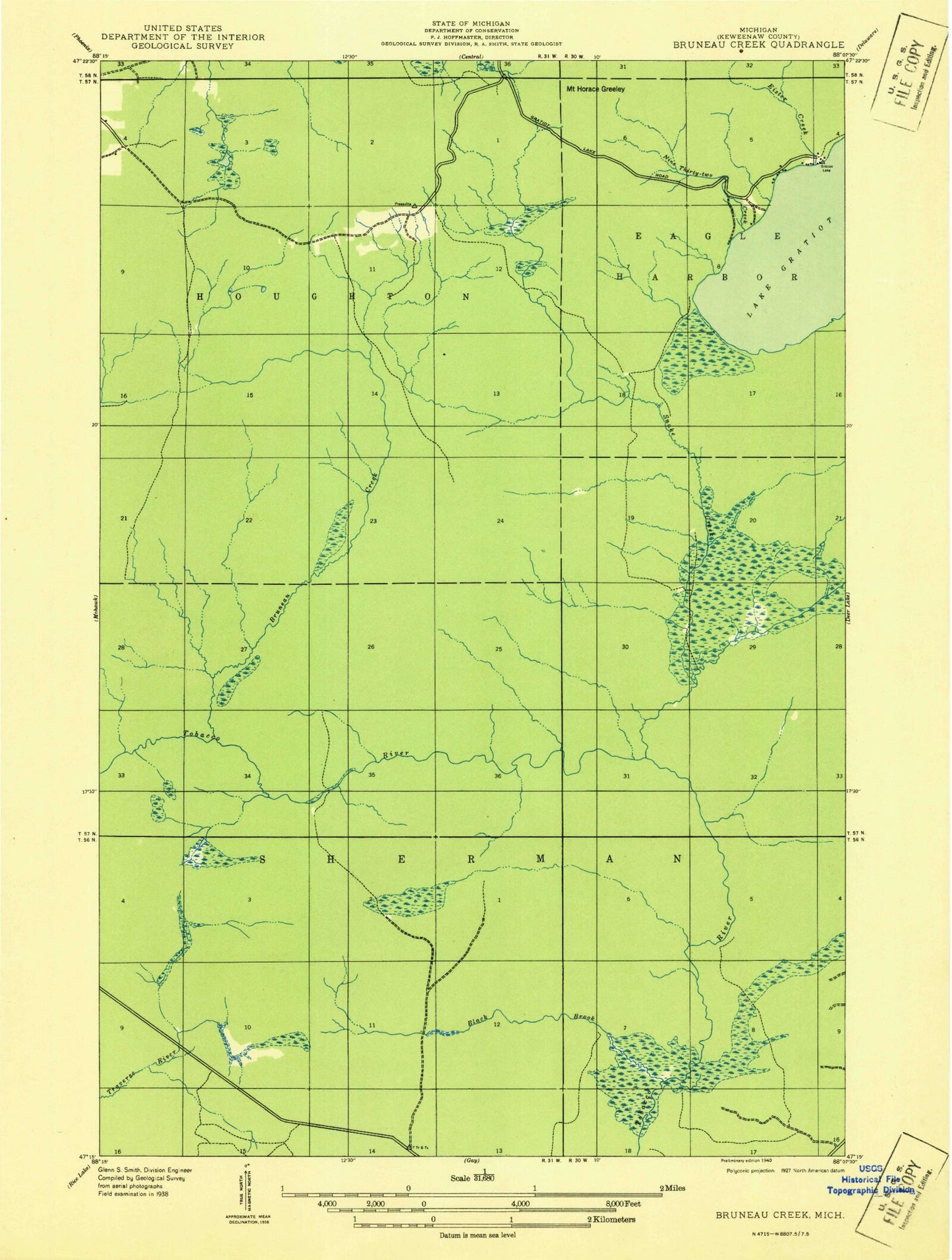 Classic USGS Bruneau Creek Michigan 7.5'x7.5' Topo Map Image