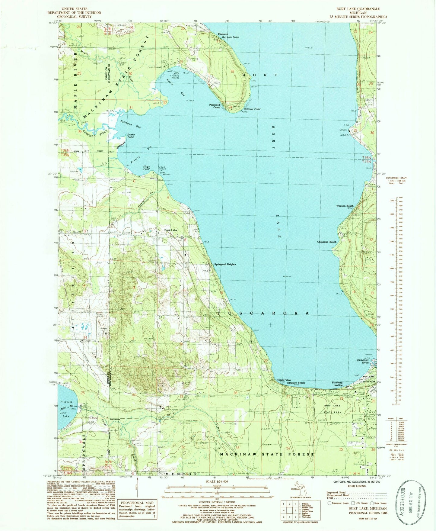 Classic USGS Burt Lake Michigan 7.5'x7.5' Topo Map Image
