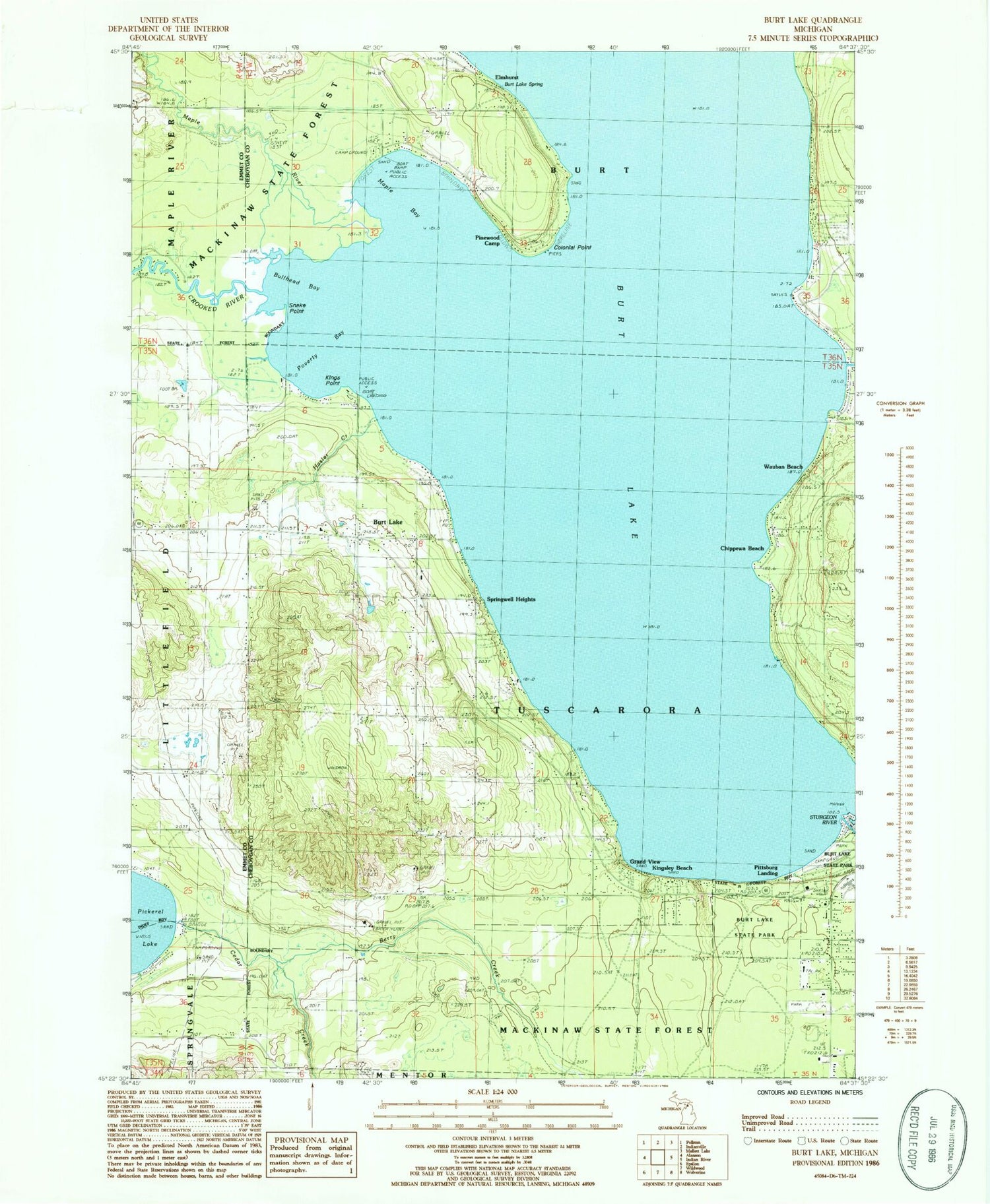 Classic USGS Burt Lake Michigan 7.5'x7.5' Topo Map Image