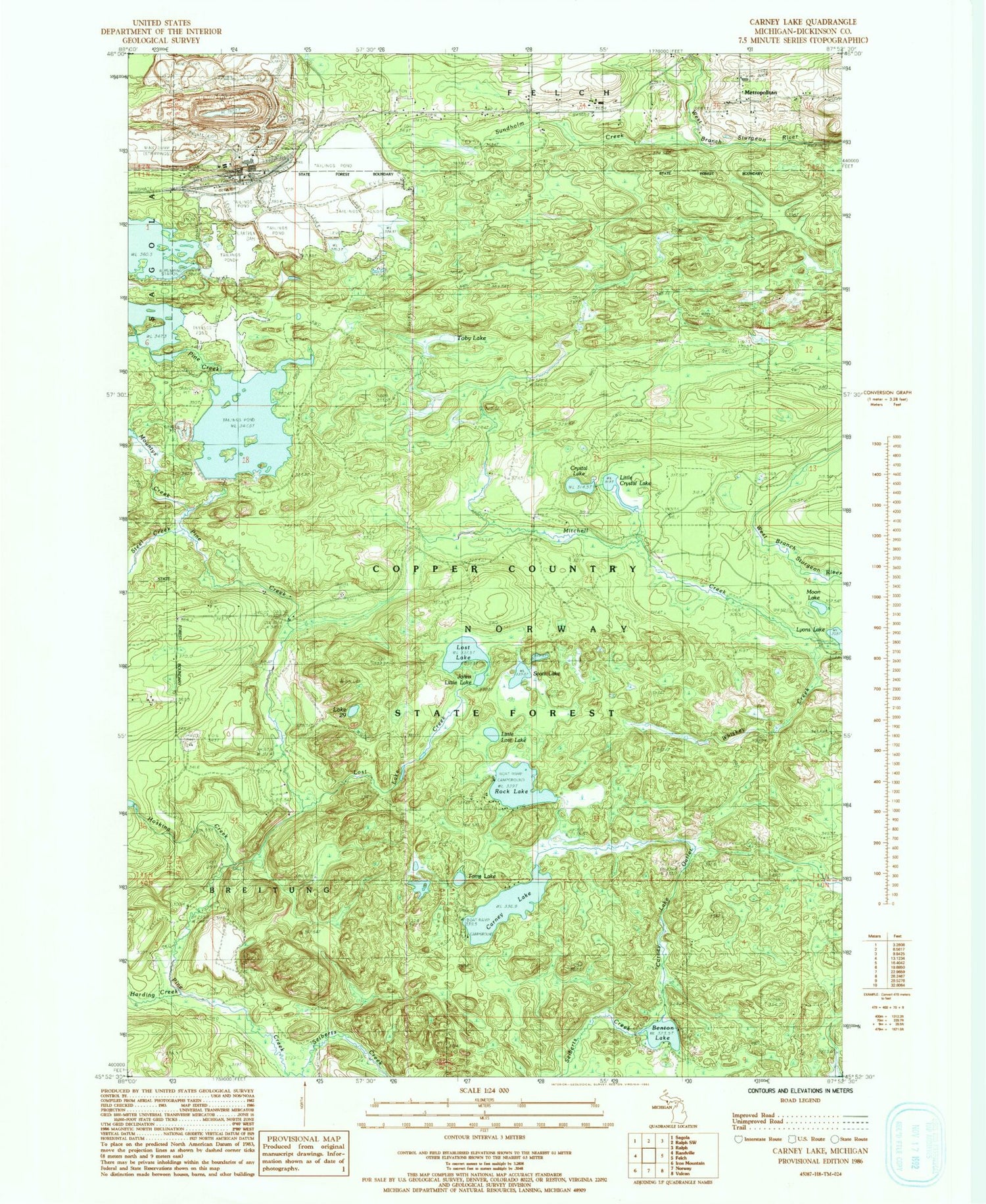 Classic USGS Carney Lake Michigan 7.5'x7.5' Topo Map Image
