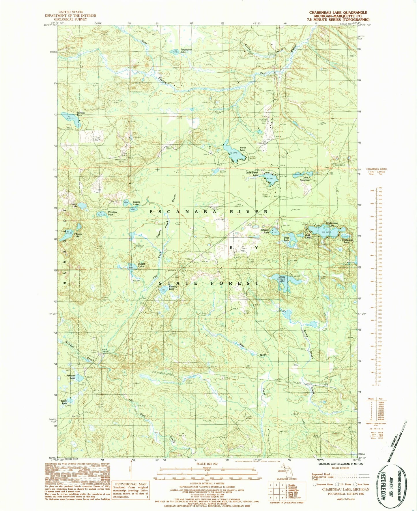 Classic USGS Chabeneau Lake Michigan 7.5'x7.5' Topo Map Image