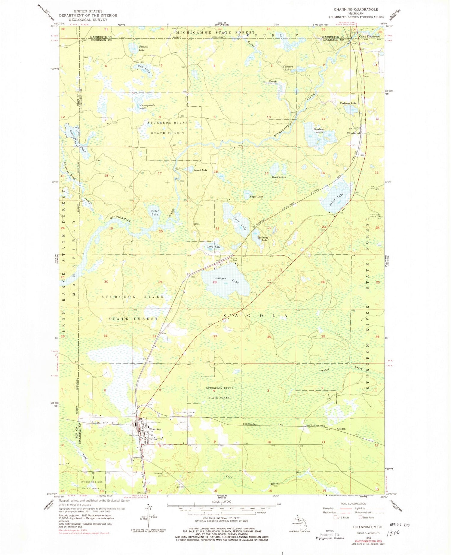 Classic USGS Channing Michigan 7.5'x7.5' Topo Map Image