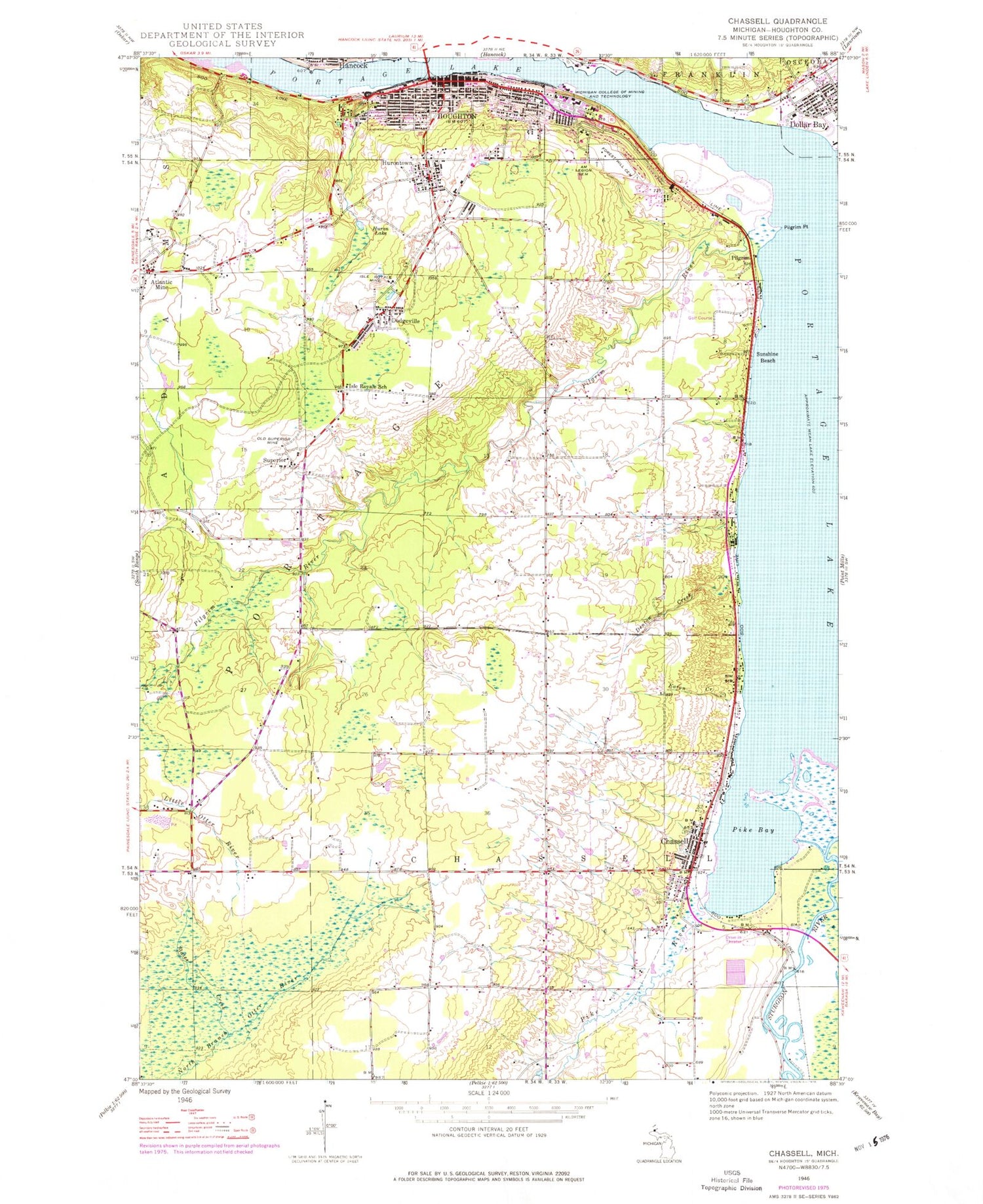 Classic USGS Chassell Michigan 7.5'x7.5' Topo Map Image