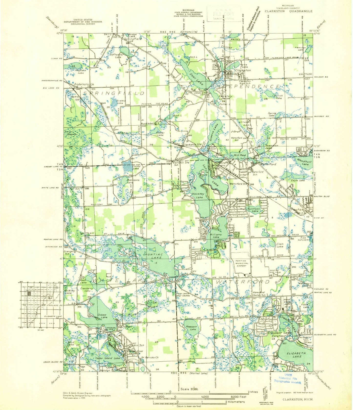 Classic USGS Clarkston Michigan 7.5'x7.5' Topo Map Image