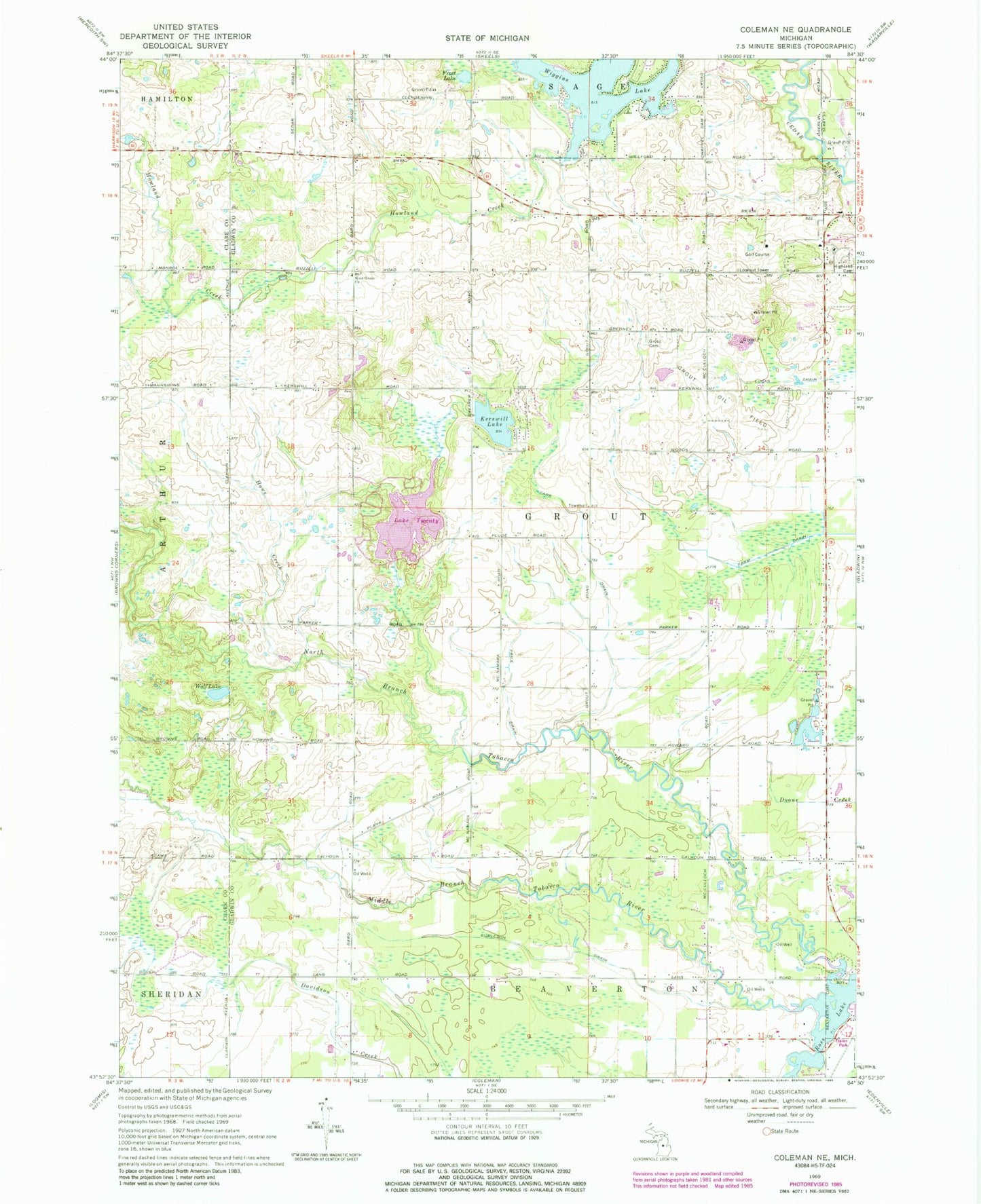 Classic USGS Coleman NE Michigan 7.5'x7.5' Topo Map Image