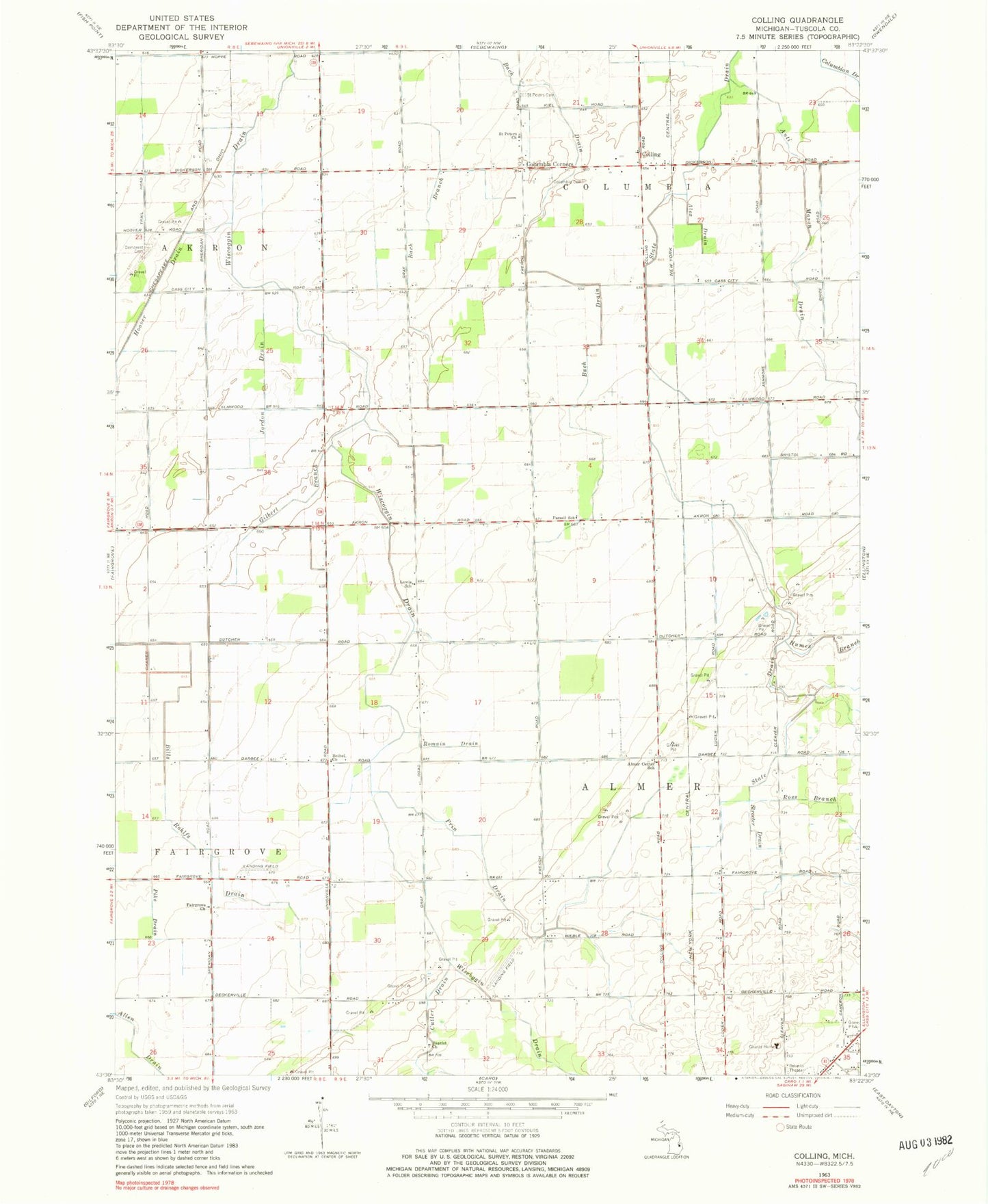 Classic USGS Colling Michigan 7.5'x7.5' Topo Map Image