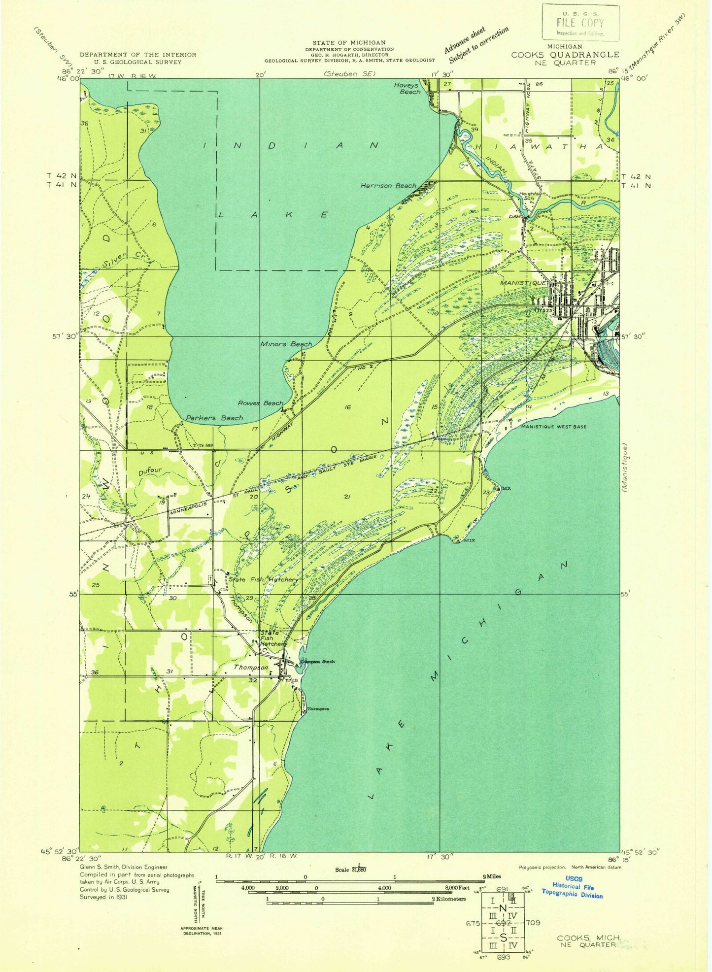 Classic USGS Manistique West Michigan 7.5'x7.5' Topo Map Image