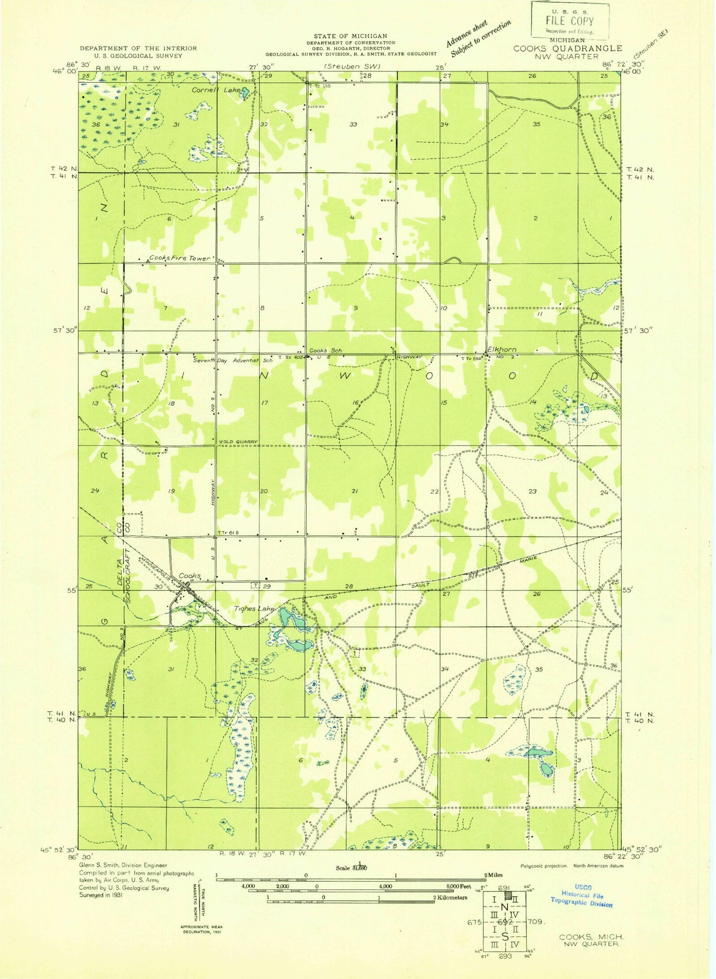 Classic USGS Cooks Michigan 7.5'x7.5' Topo Map Image