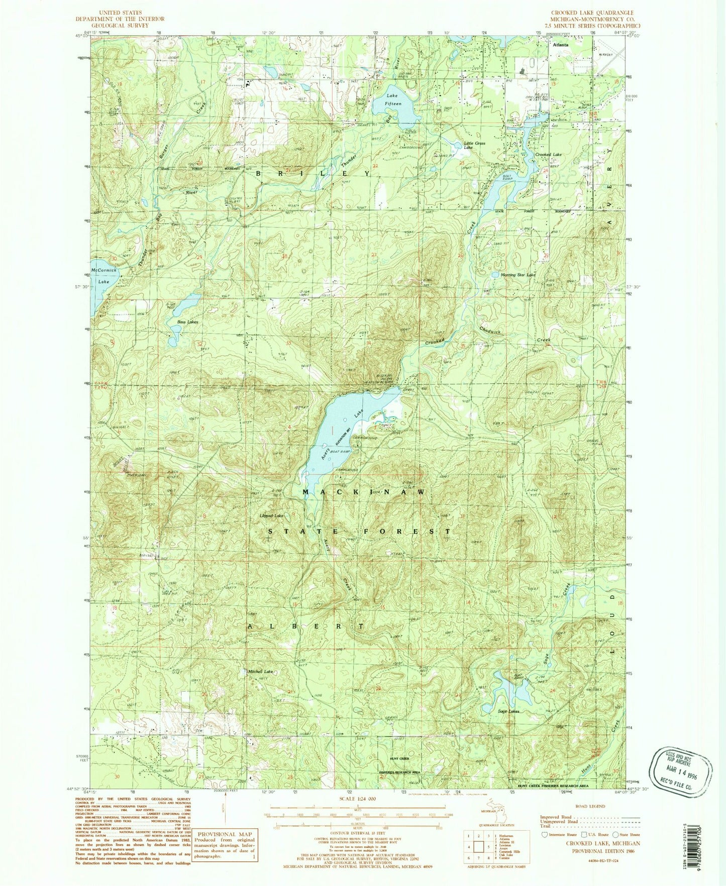 Classic USGS Crooked Lake Michigan 7.5'x7.5' Topo Map Image
