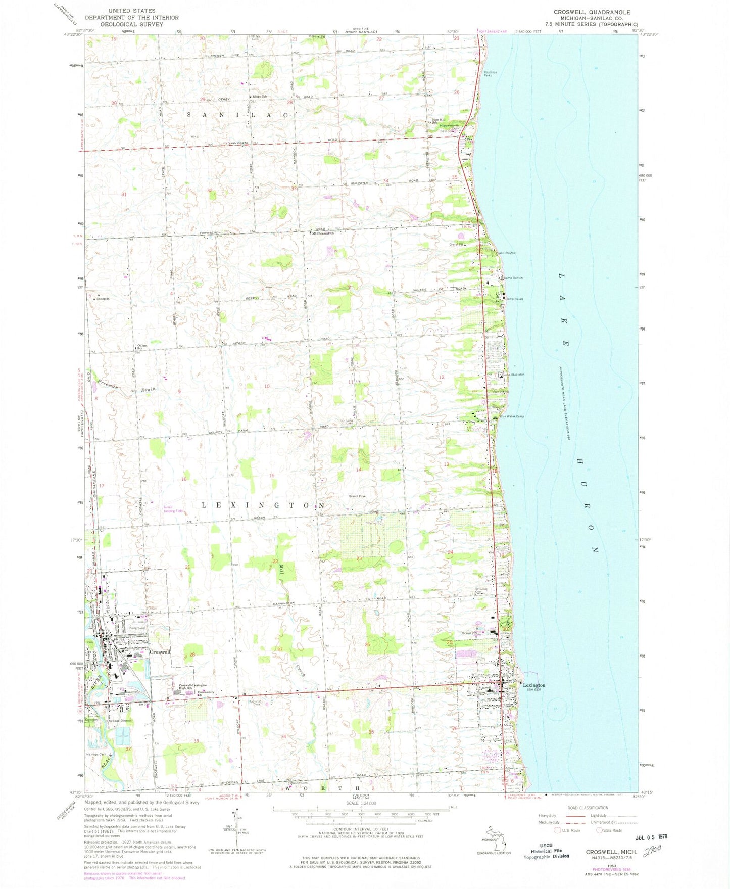 Classic USGS Croswell Michigan 7.5'x7.5' Topo Map Image