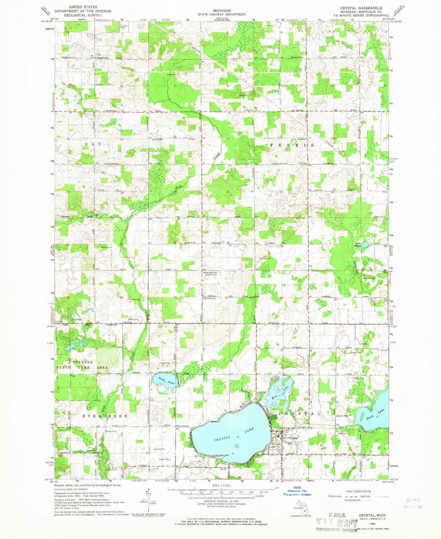 Classic USGS Crystal Michigan 7.5'x7.5' Topo Map Image