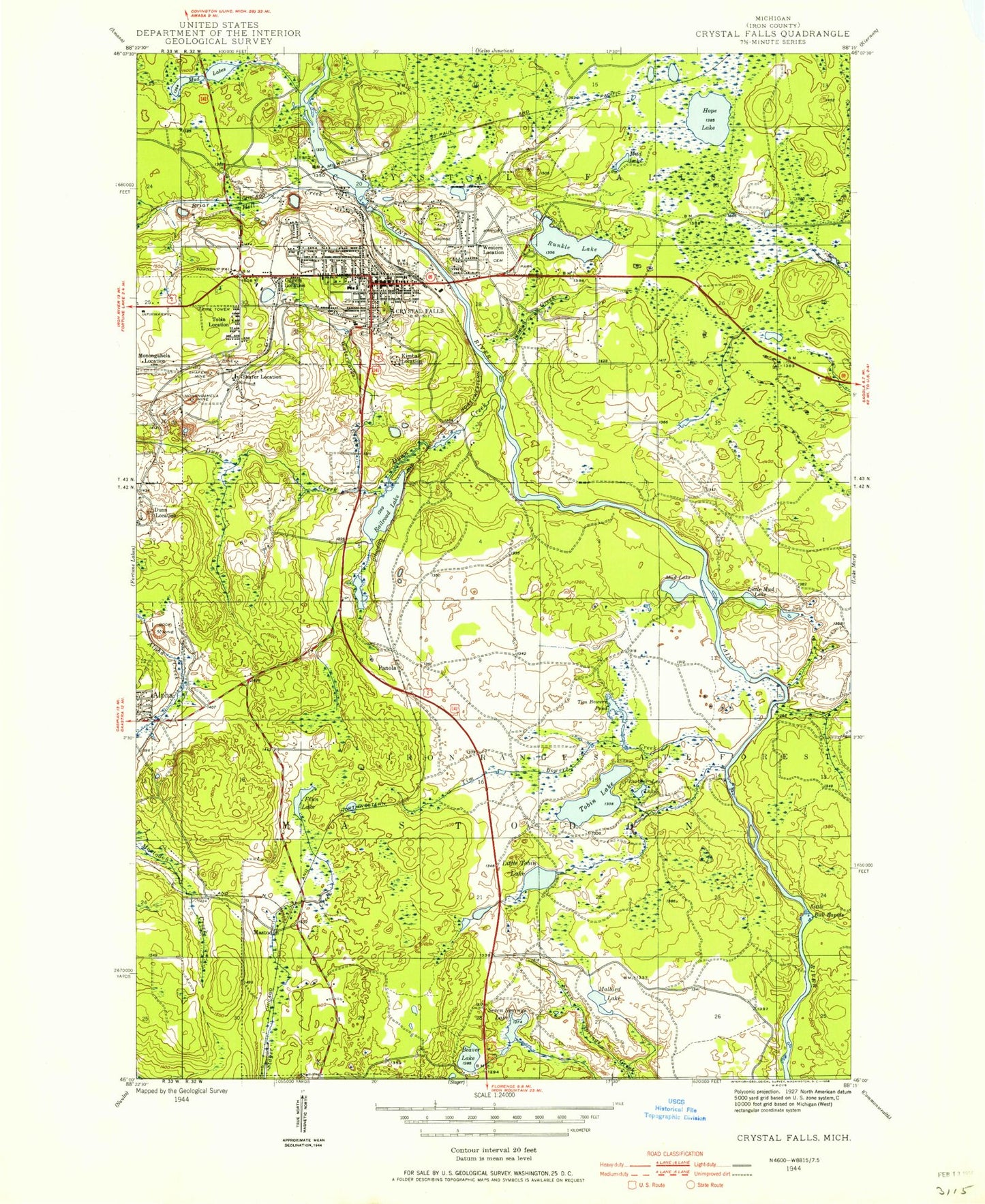 Classic USGS Crystal Falls Michigan 7.5'x7.5' Topo Map Image