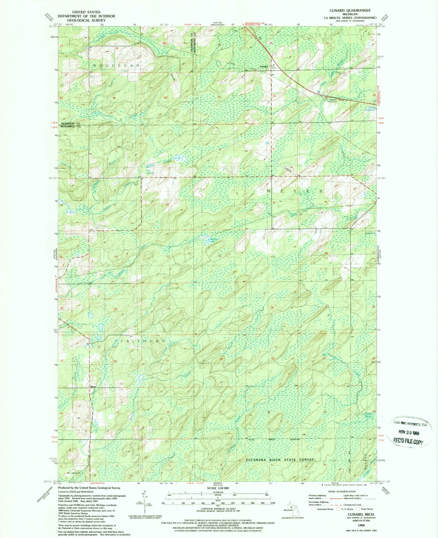 Classic USGS Cunard Michigan 7.5'x7.5' Topo Map Image