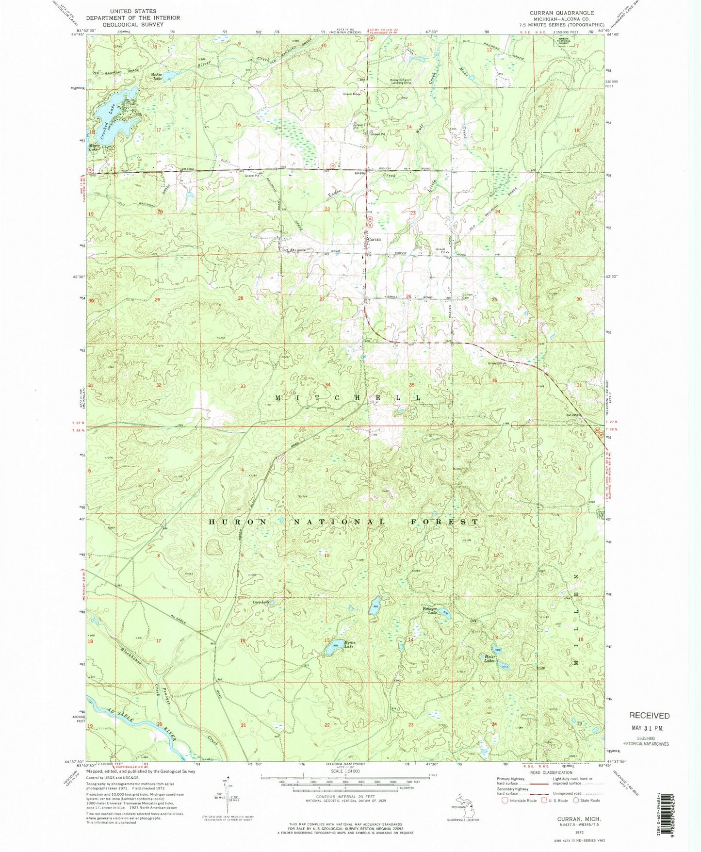 Classic USGS Curran Michigan 7.5'x7.5' Topo Map Image