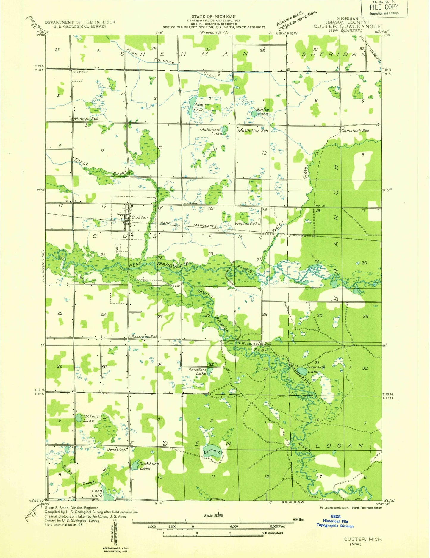 Classic USGS Custer Michigan 7.5'x7.5' Topo Map Image