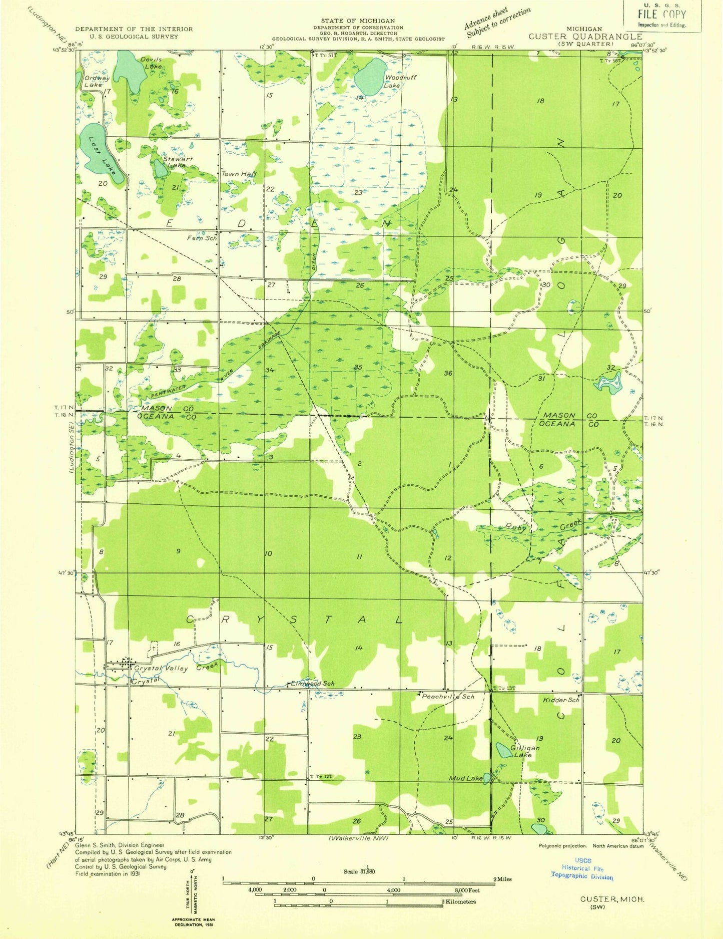 Classic USGS Crystal Valley Michigan 7.5'x7.5' Topo Map Image