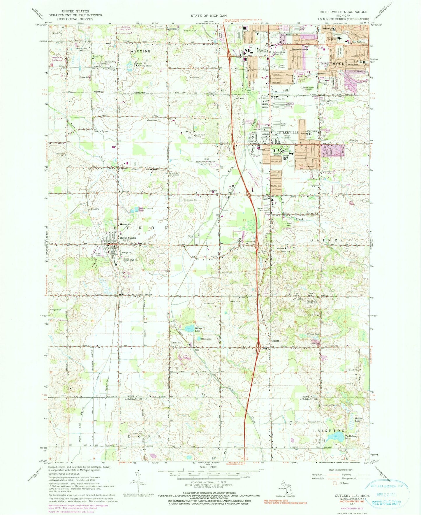 Classic USGS Cutlerville Michigan 7.5'x7.5' Topo Map Image