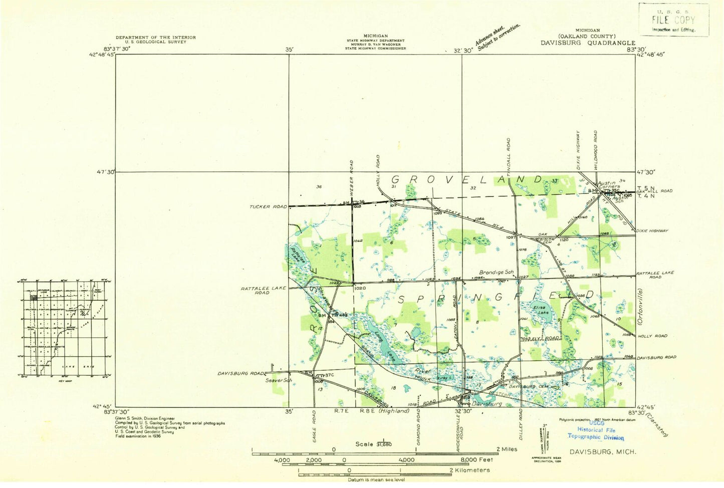 Classic USGS Davisburg Michigan 7.5'x7.5' Topo Map Image