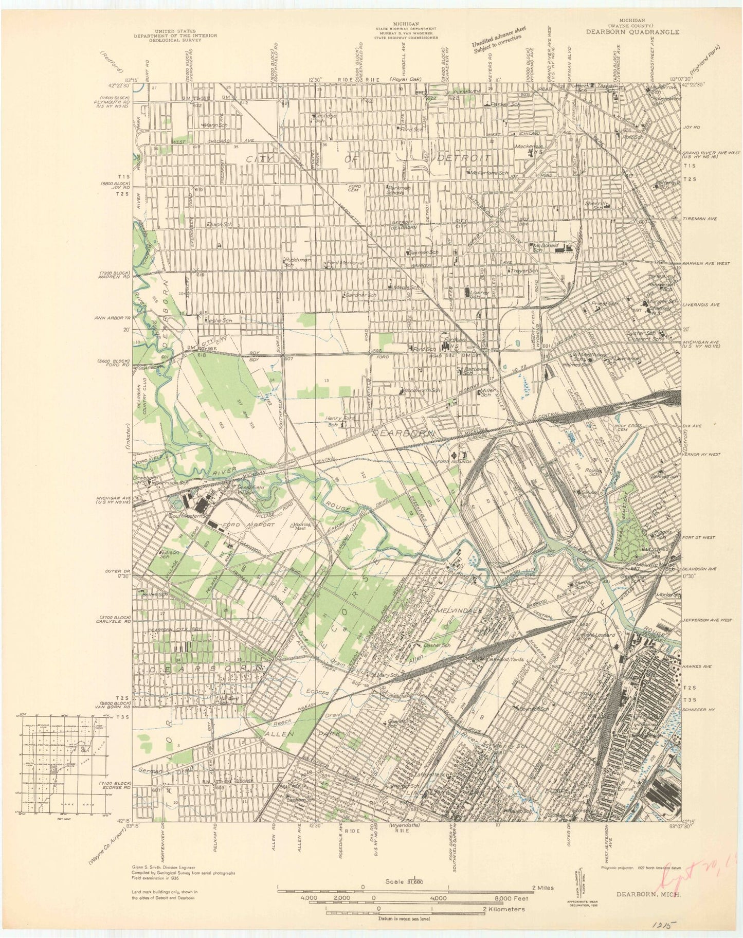 Classic USGS Dearborn Michigan 7.5'x7.5' Topo Map Image