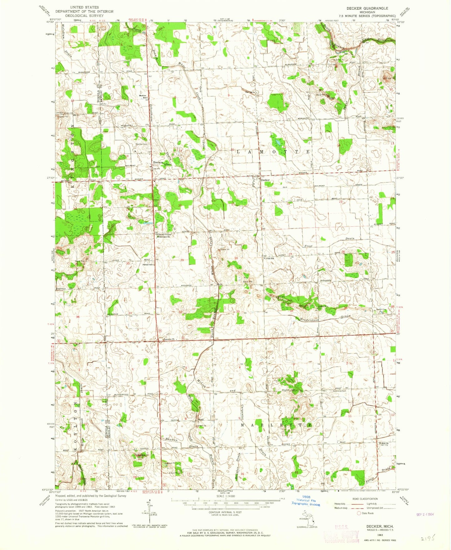 Classic USGS Decker Michigan 7.5'x7.5' Topo Map Image