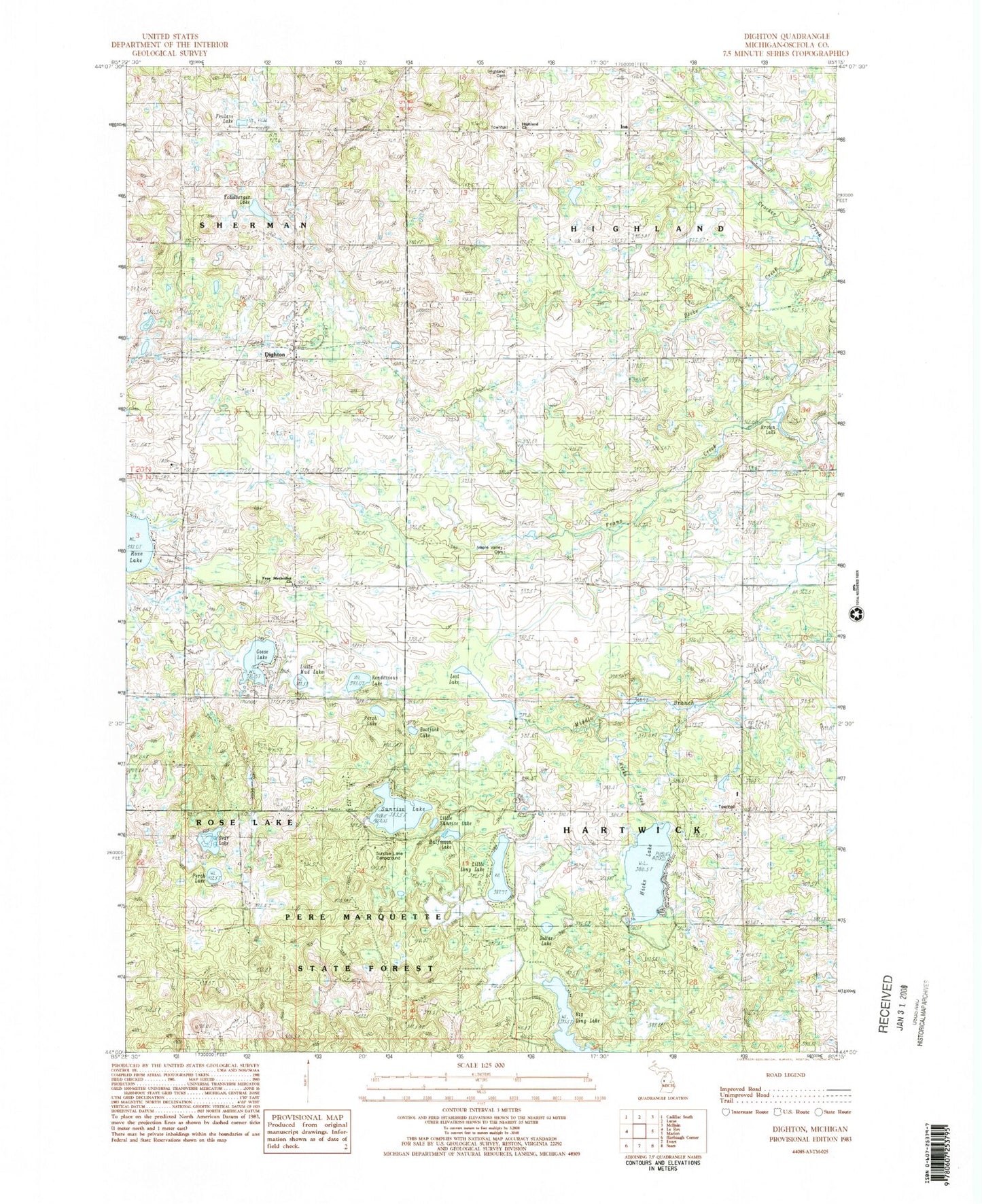 Classic USGS Dighton Michigan 7.5'x7.5' Topo Map Image