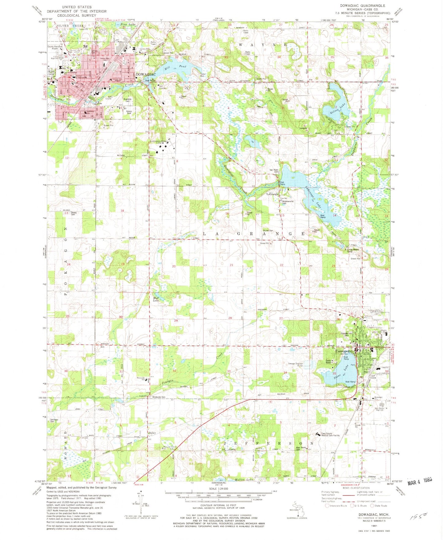 Classic USGS Dowagiac Michigan 7.5'x7.5' Topo Map Image