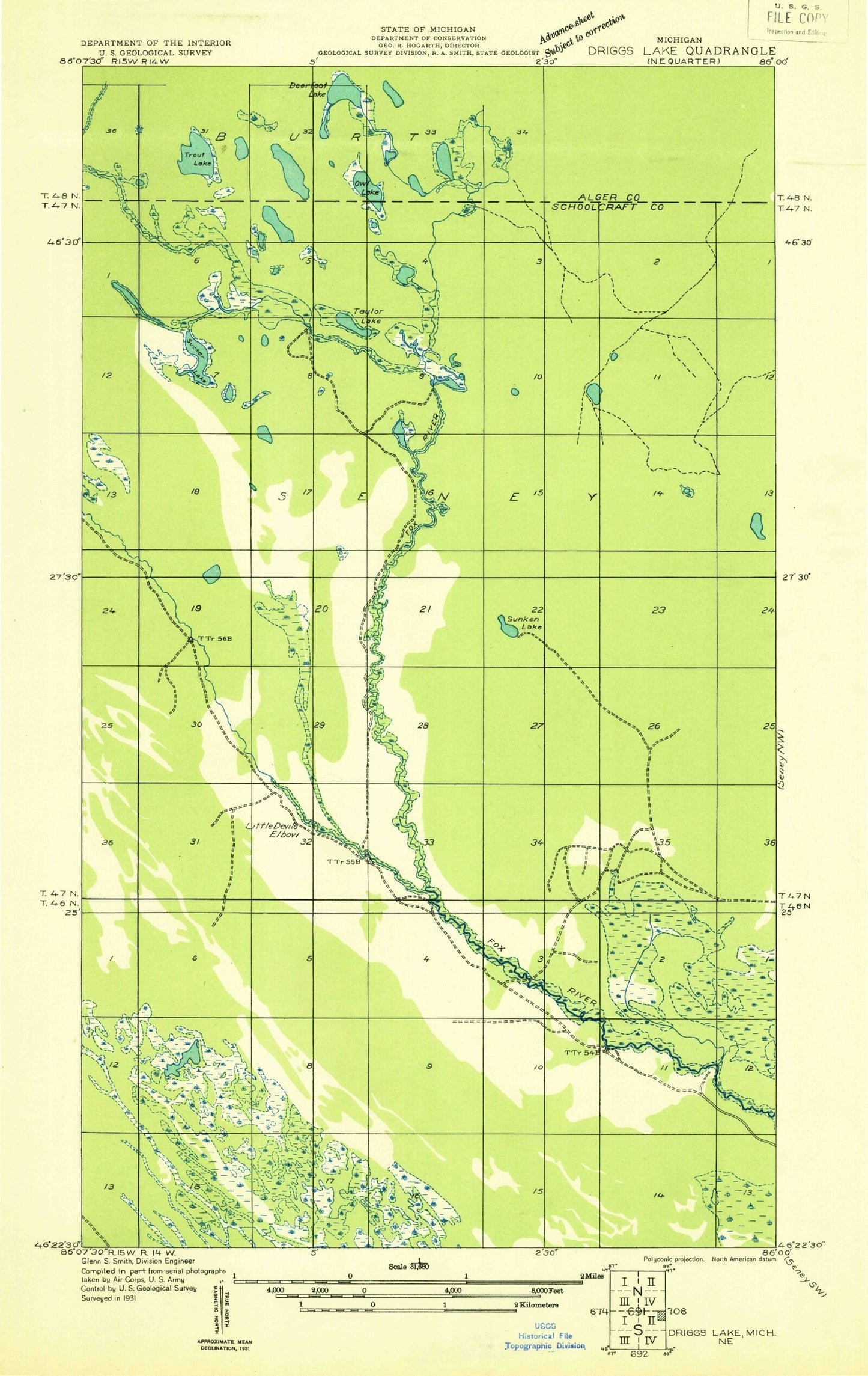 Classic USGS Sunken Lake Michigan 7.5'x7.5' Topo Map Image