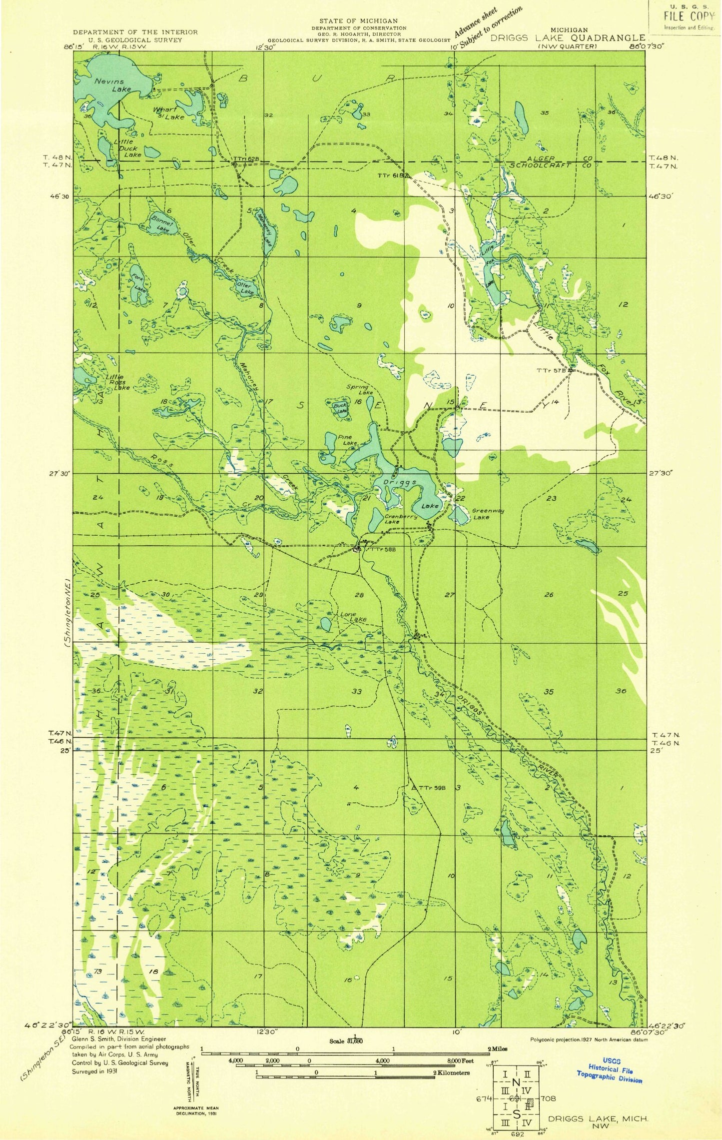 Classic USGS Driggs Lake Michigan 7.5'x7.5' Topo Map Image