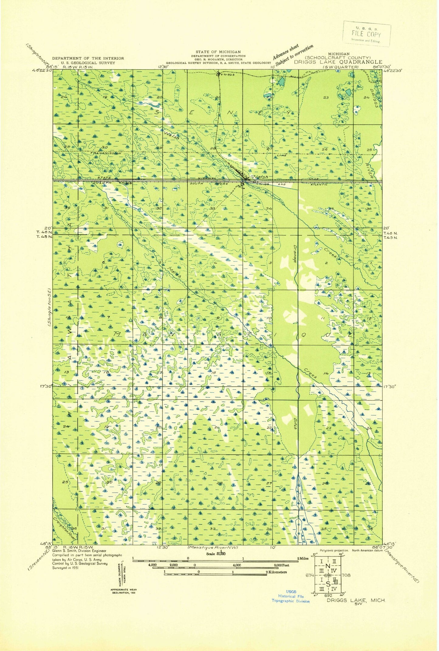 Classic USGS Walsh Michigan 7.5'x7.5' Topo Map Image