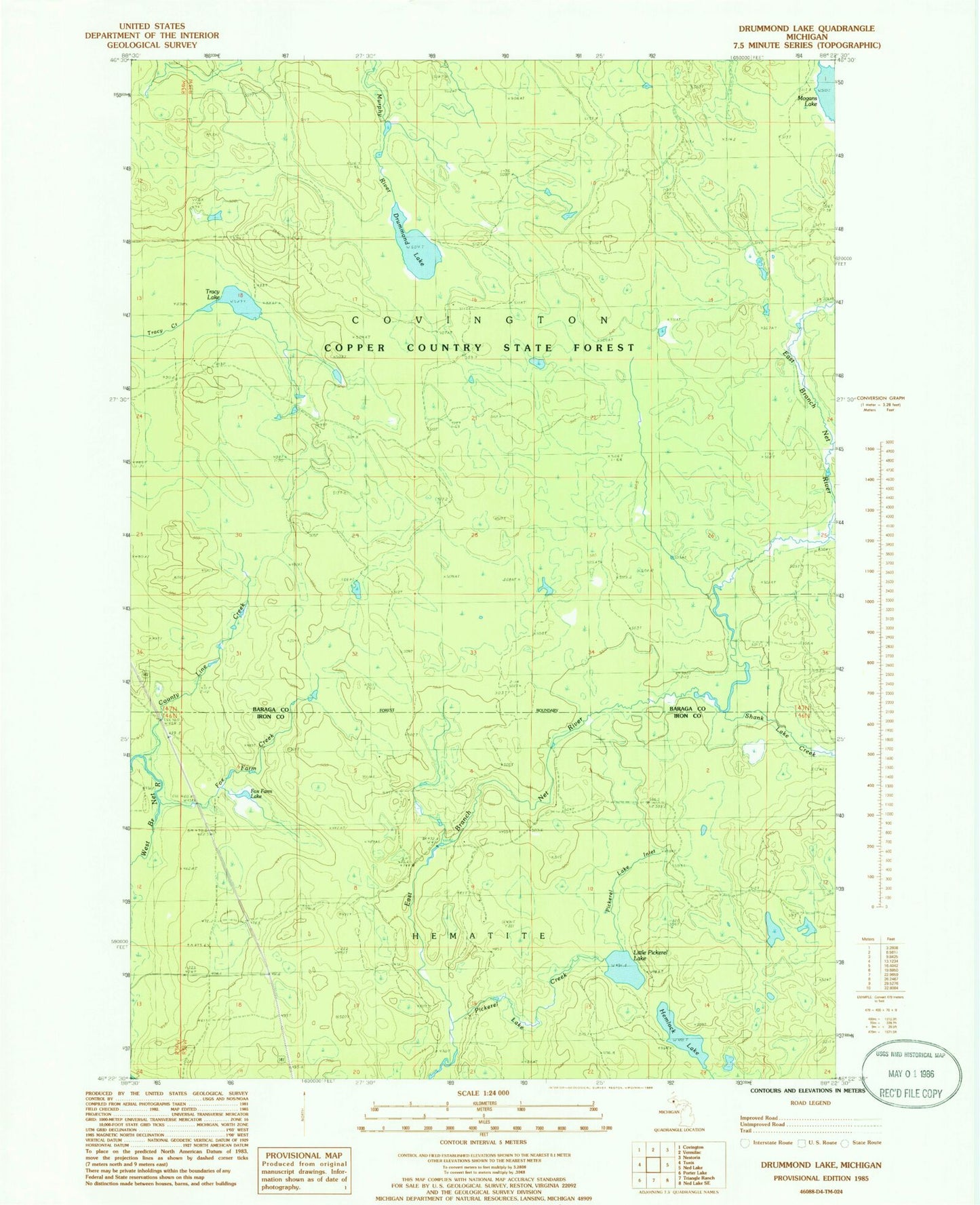 Classic USGS Drummond Lake Michigan 7.5'x7.5' Topo Map Image