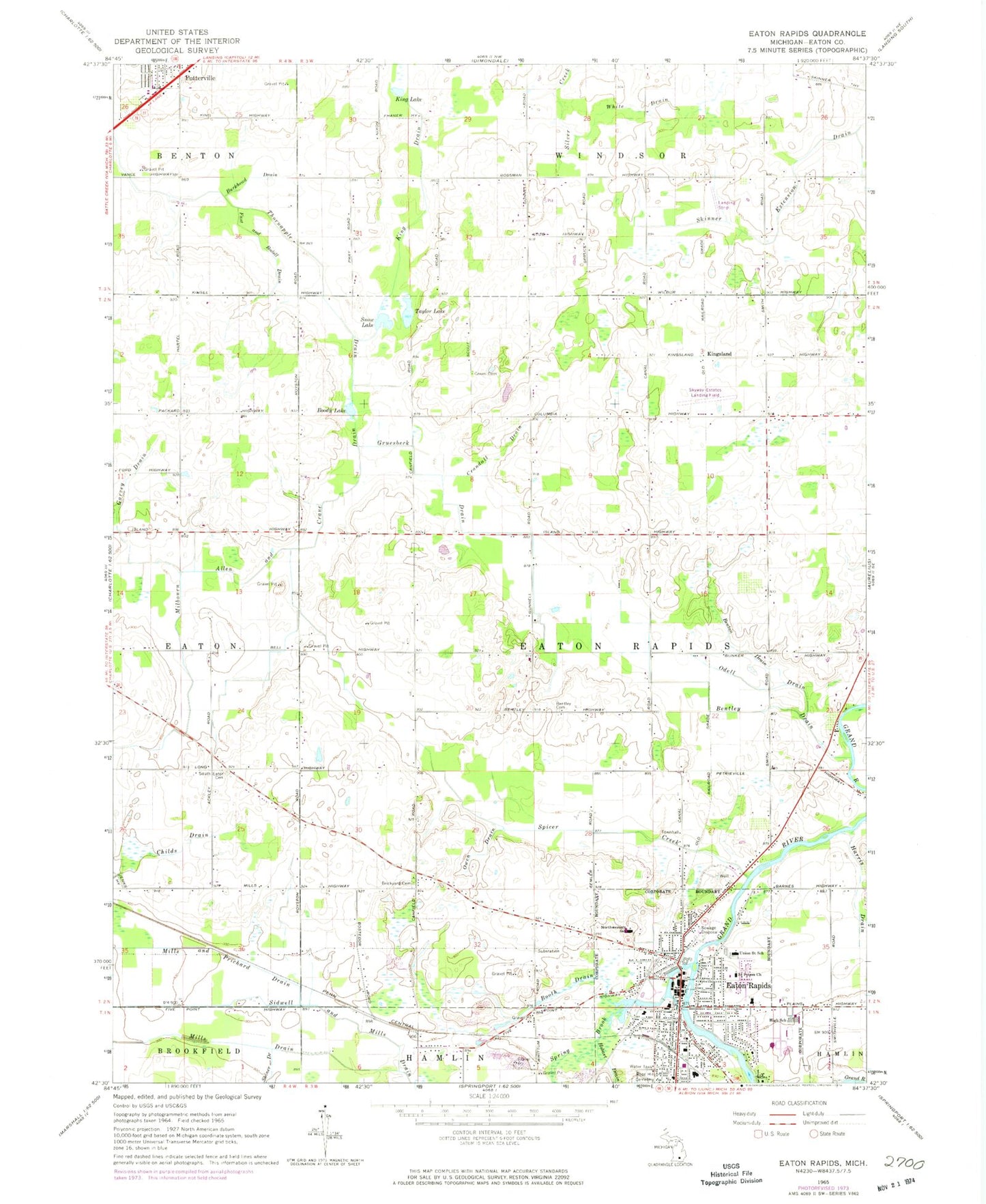 Classic USGS Eaton Rapids Michigan 7.5'x7.5' Topo Map Image