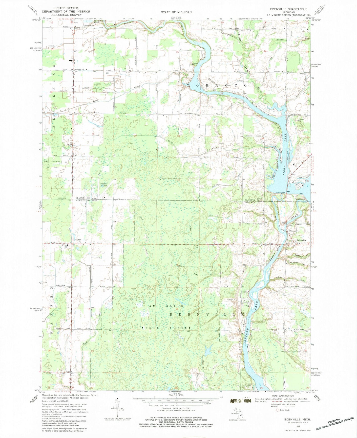 Classic USGS Edenville Michigan 7.5'x7.5' Topo Map Image