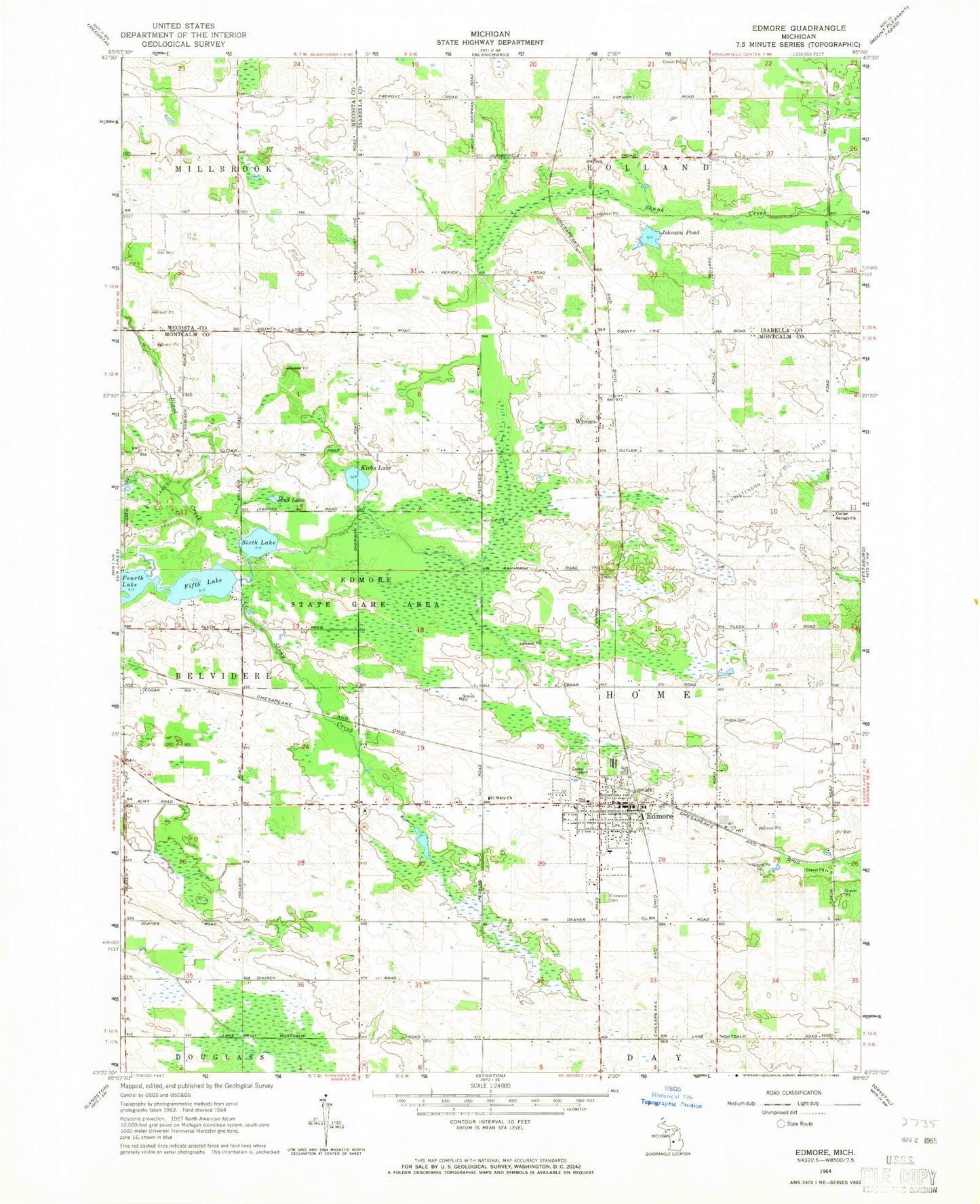 Classic USGS Edmore Michigan 7.5'x7.5' Topo Map Image