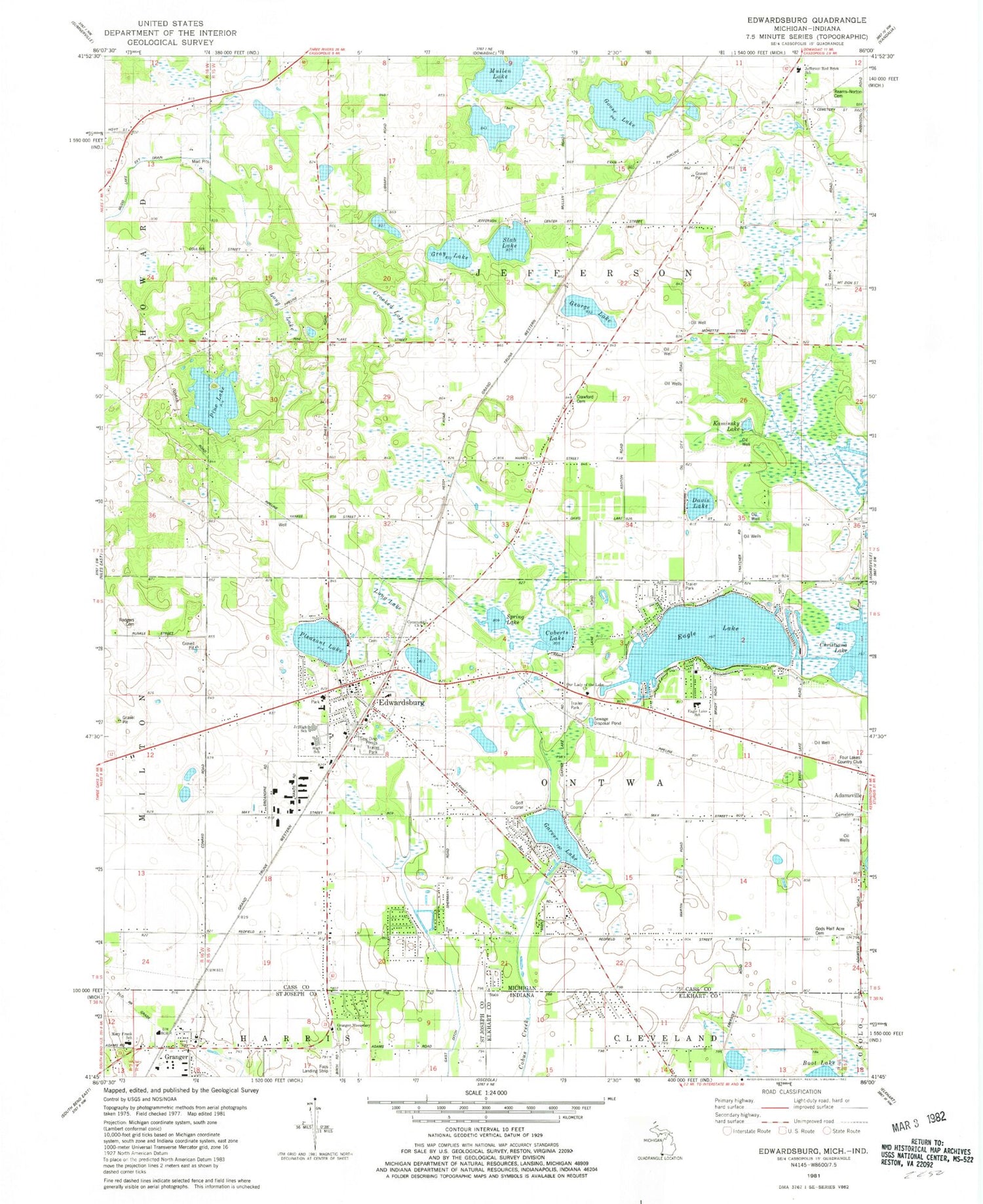 Classic USGS Edwardsburg Michigan 7.5'x7.5' Topo Map Image