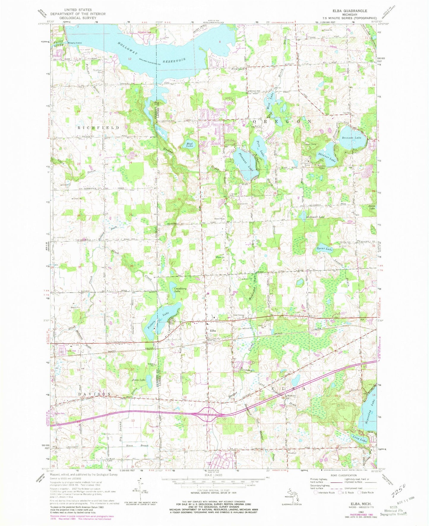 Classic USGS Elba Michigan 7.5'x7.5' Topo Map Image