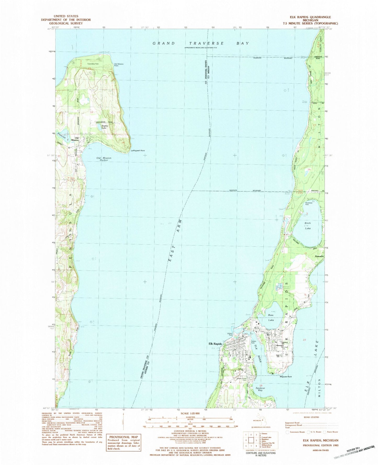Classic USGS Elk Rapids Michigan 7.5'x7.5' Topo Map Image