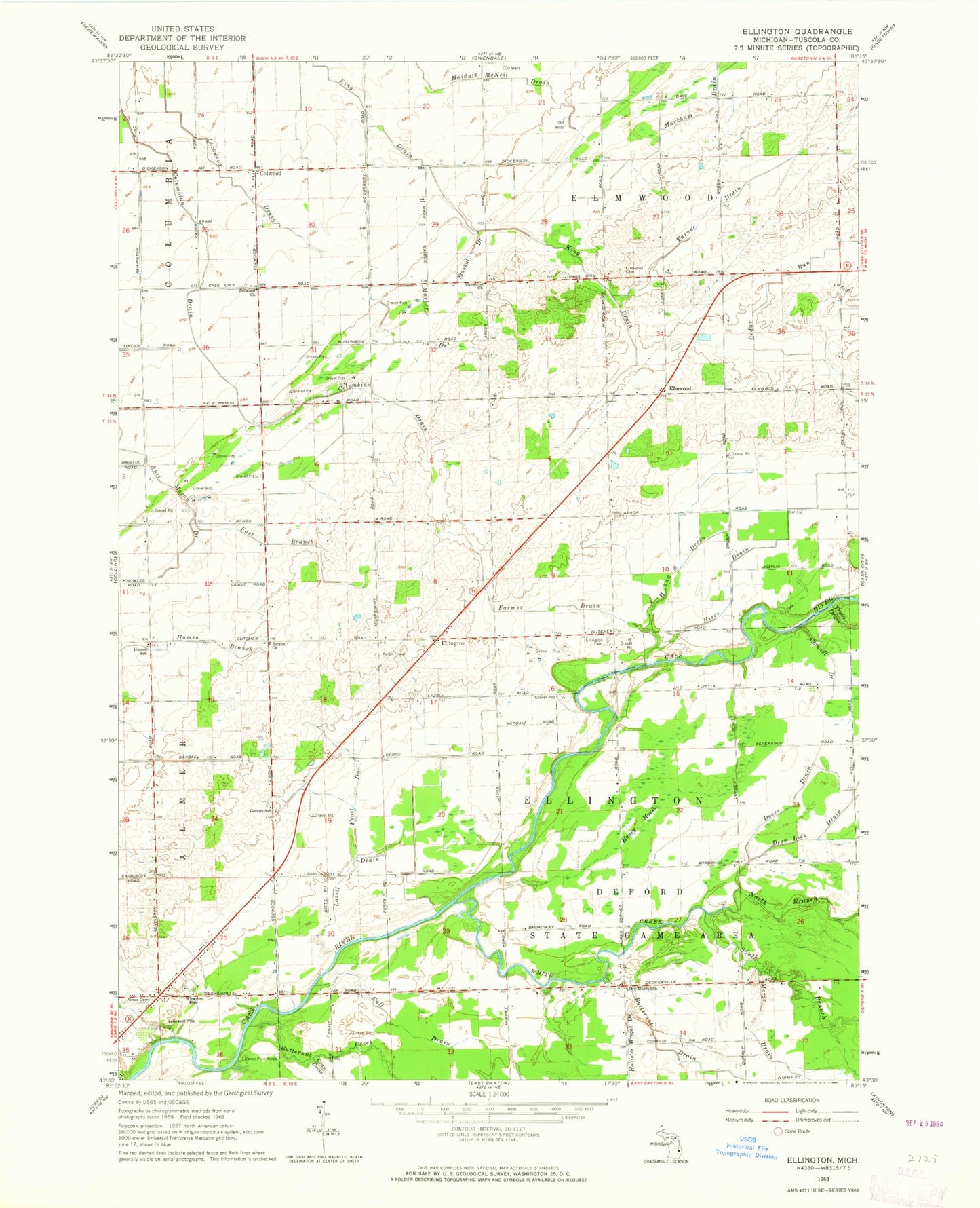 Classic USGS Ellington Michigan 7.5'x7.5' Topo Map Image
