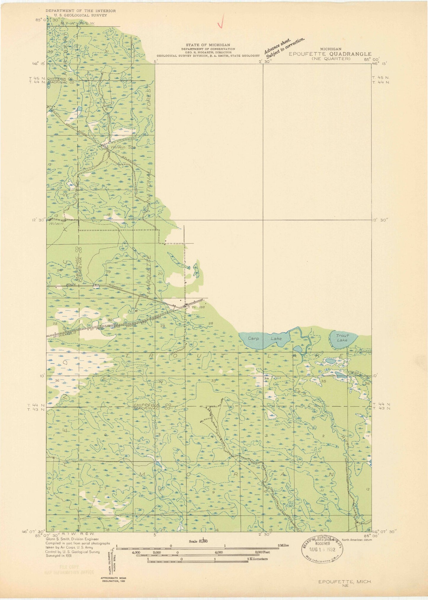Classic USGS Trout Lake Michigan 7.5'x7.5' Topo Map Image