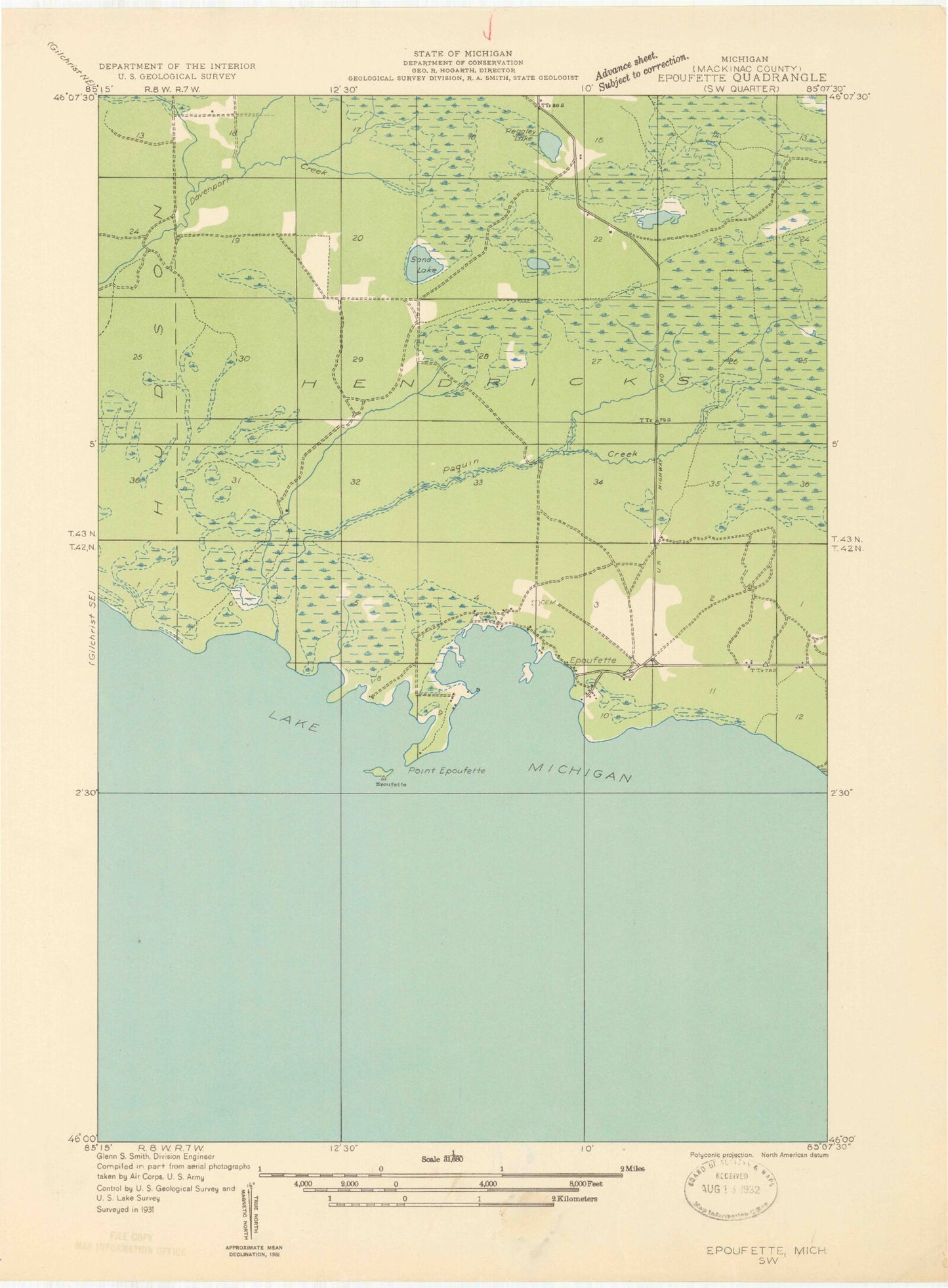 Classic USGS Epoufette Michigan 7.5'x7.5' Topo Map Image