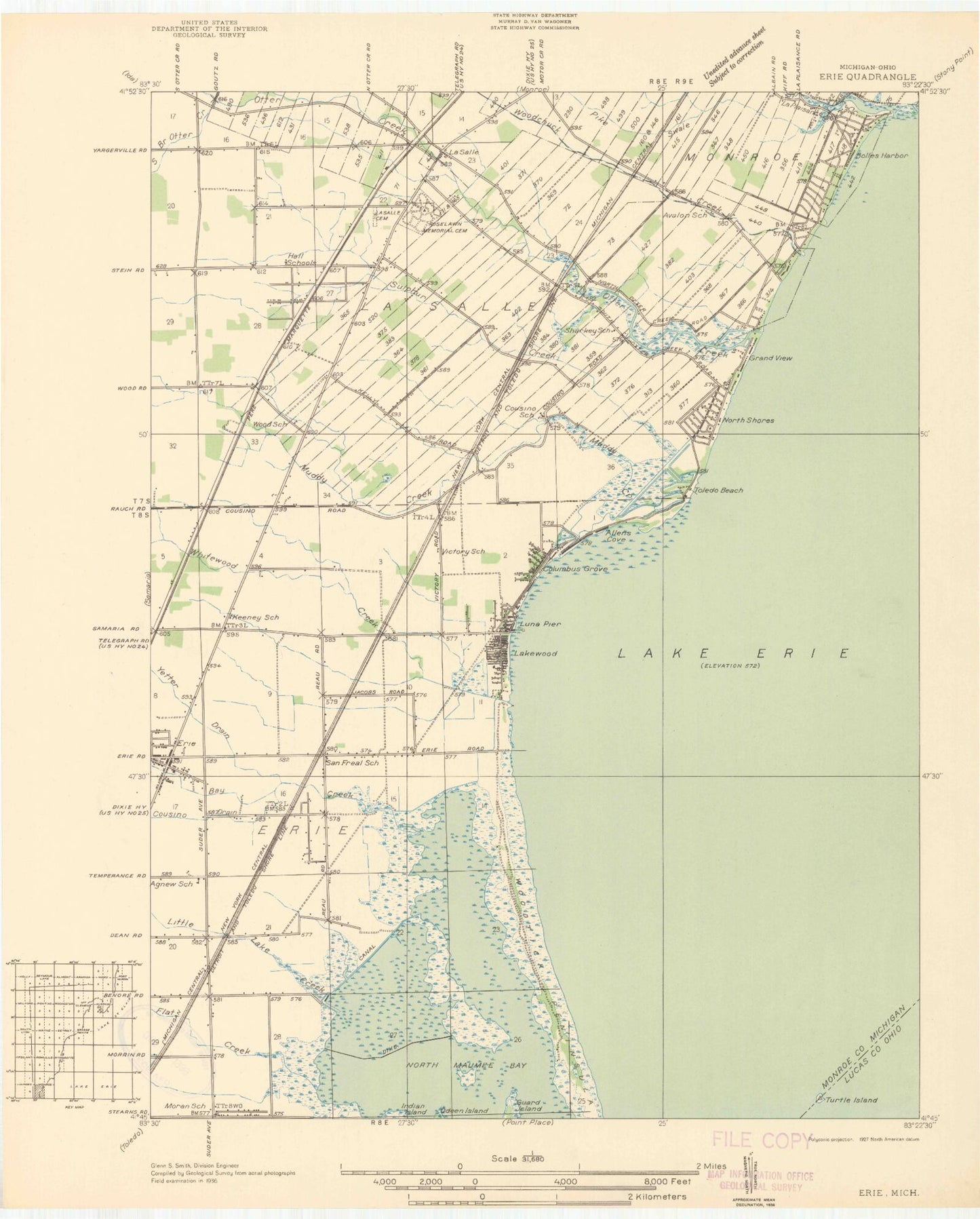 Classic USGS Erie Michigan 7.5'x7.5' Topo Map Image