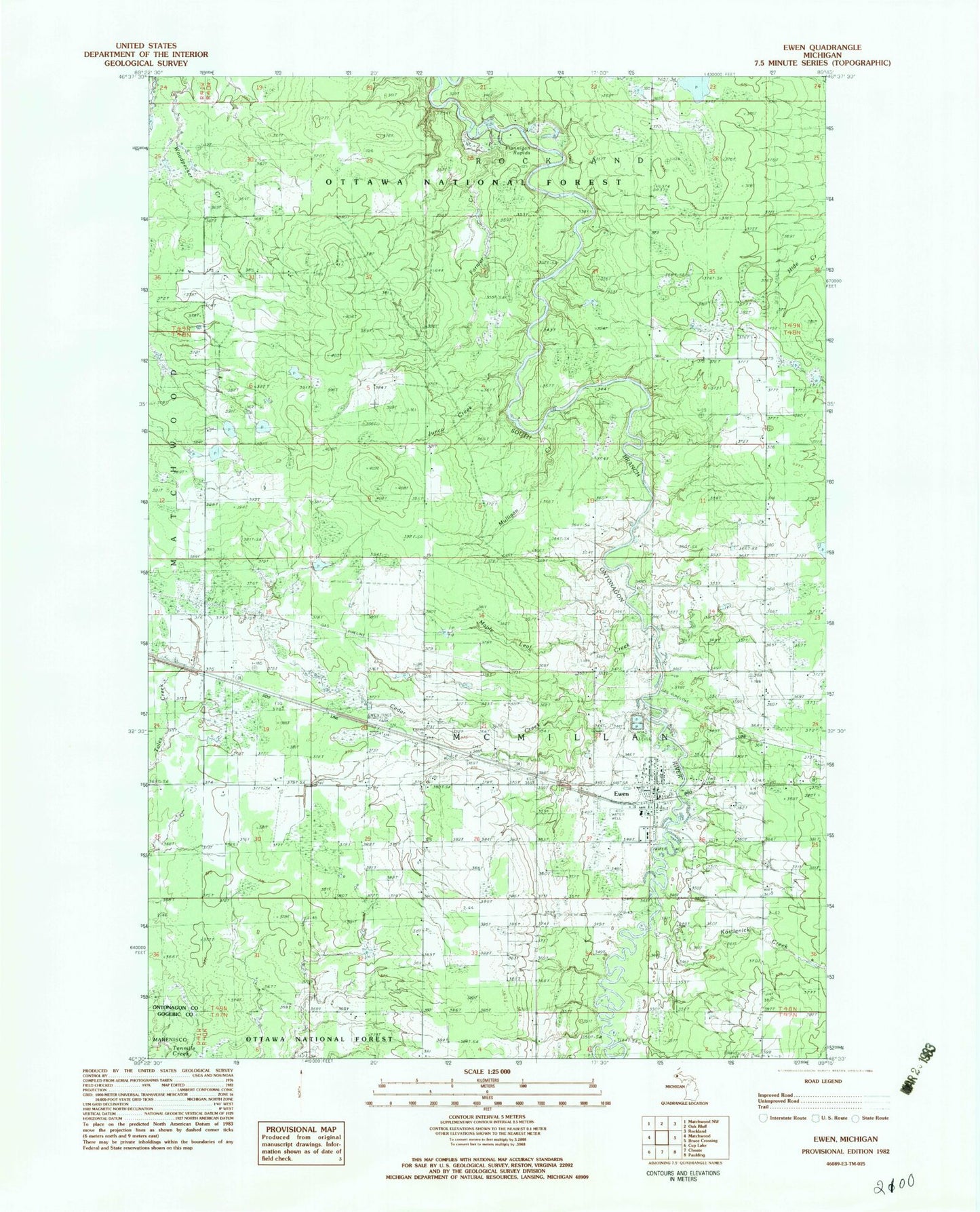 Classic USGS Ewen Michigan 7.5'x7.5' Topo Map Image