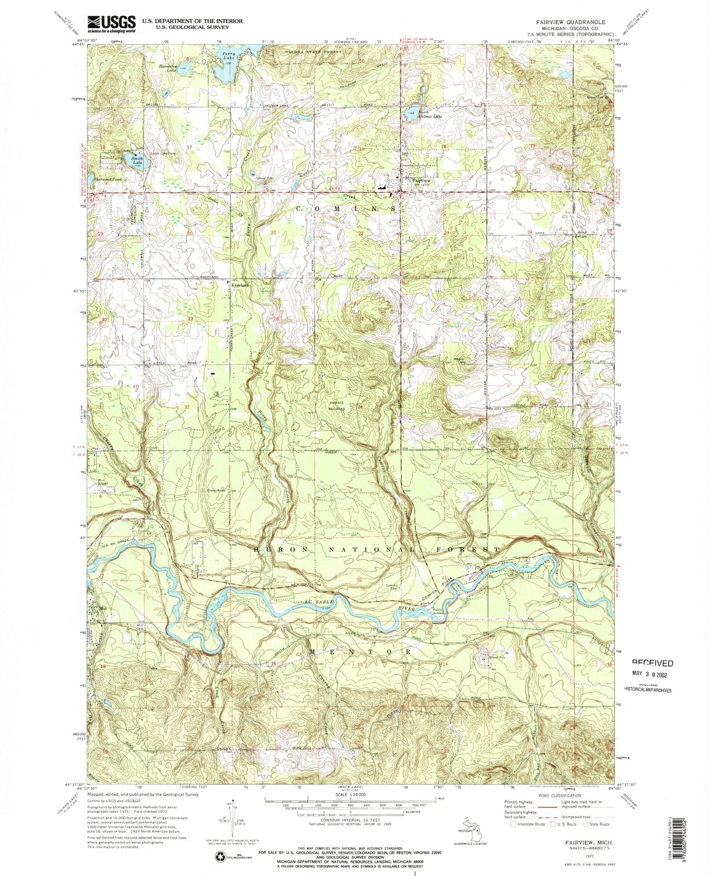 Classic USGS Fairview Michigan 7.5'x7.5' Topo Map Image