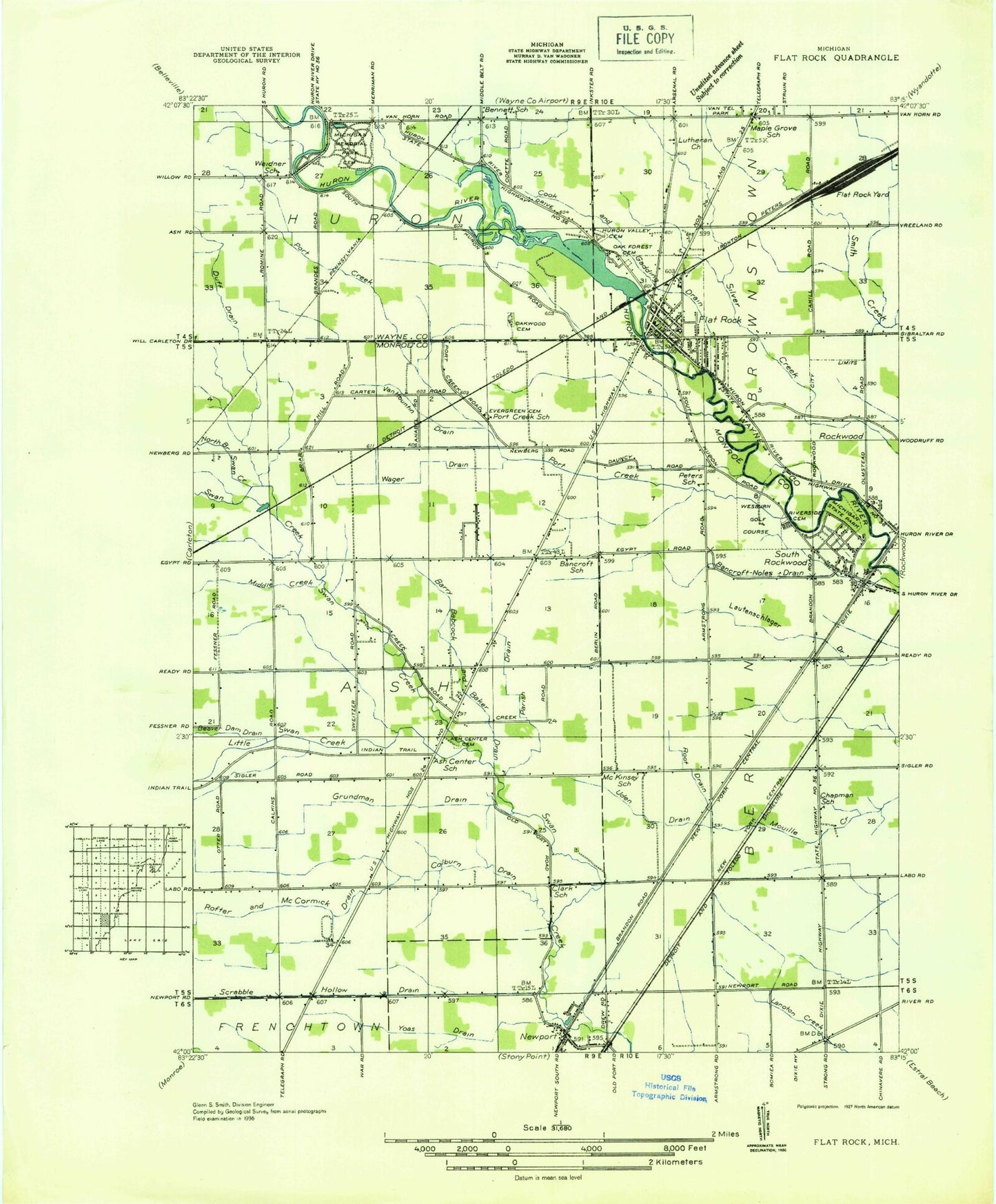 Classic USGS Flat Rock Michigan 7.5'x7.5' Topo Map Image