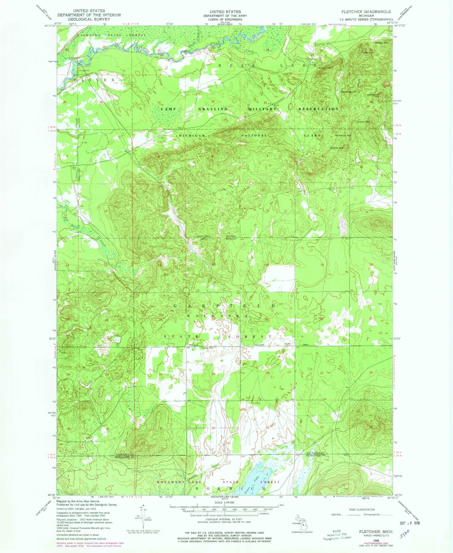 Classic USGS Fletcher Michigan 7.5'x7.5' Topo Map Image