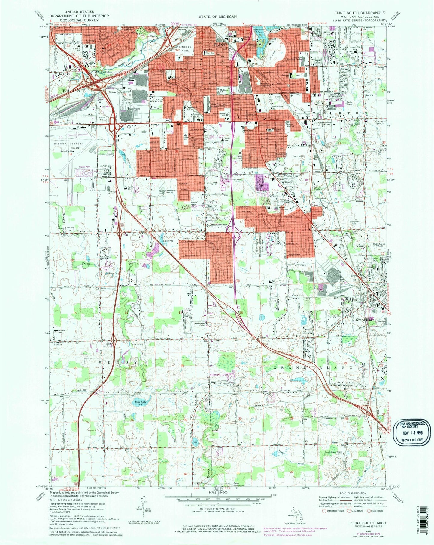 Classic USGS Flint South Michigan 7.5'x7.5' Topo Map Image
